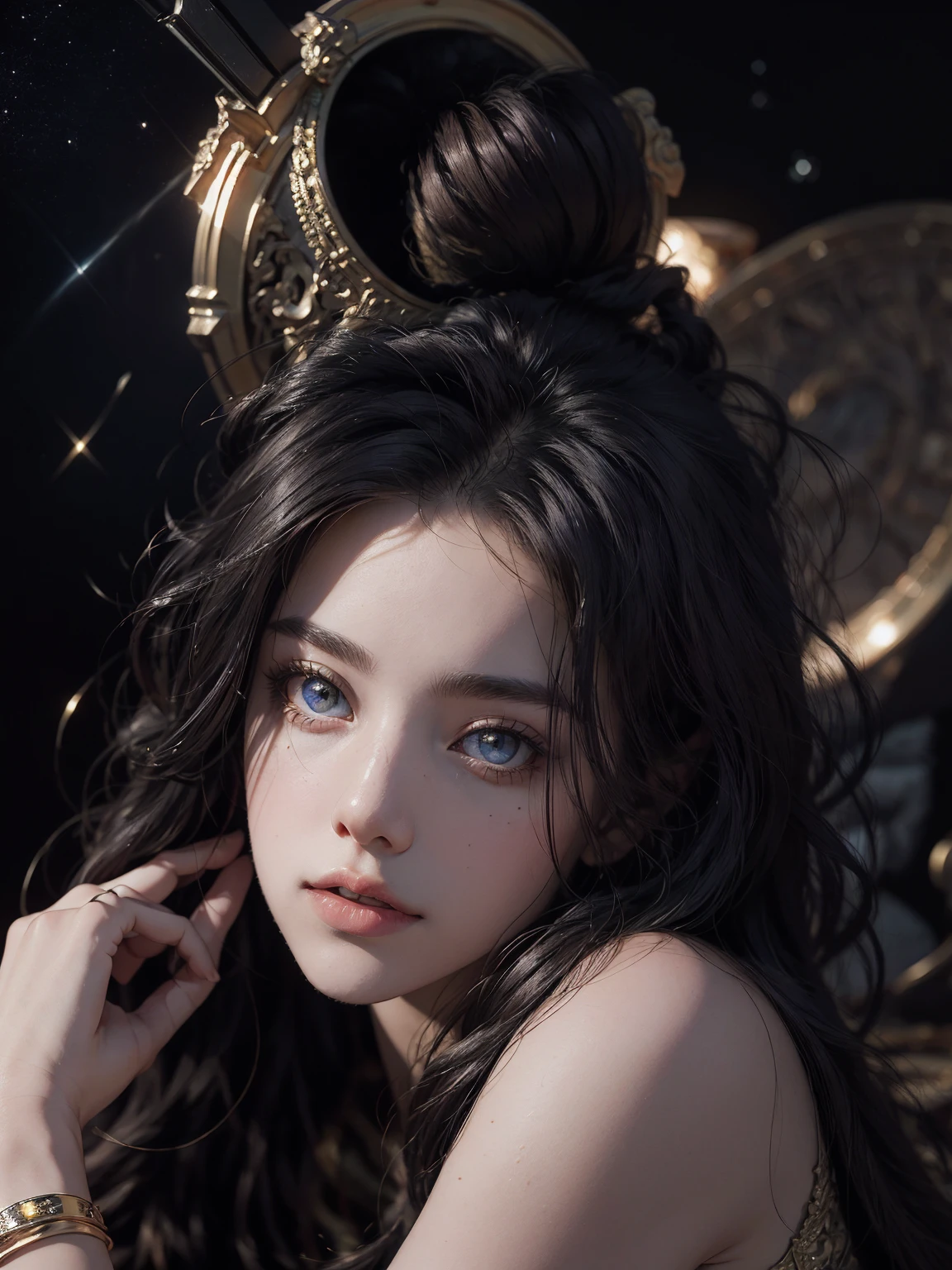 (((obra-prima))), melhor qualidade, ultra-detallhado, High resolution CG image with a beautiful woman with long black hair with bright violet eyes like detailed constellations, retratados em detalhes fascinantes. rosto delicado, lips closed, boca fechada (Dutch angle), rosto avermelhado, His delicate body is accurately represented at every angle. Ela possui longos cabelos preto que caem suavemente sobre seu vestido. The upper part of his body is sculpted to perfection. "