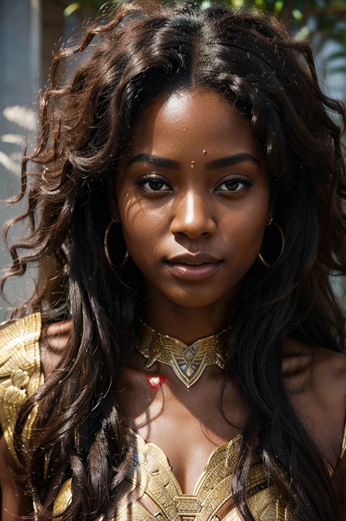 Unveil an awe-inspiring depiction of a radiant black woman exuding goddess-like grace, adorned with natural hair that cascades in an epic display. The imagery, hyper-realistic and cinematic, captures her divine presence with an emphasis on the resplendent beauty of her hair, elevating the portrayal to an unparalleled level of artistic grandeur.