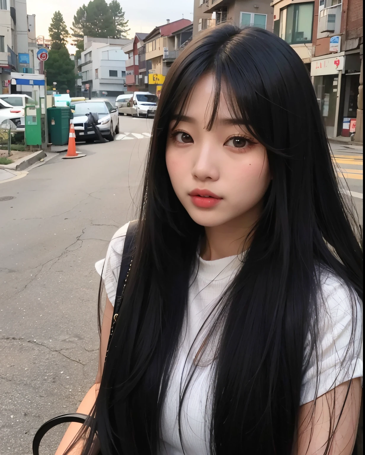 Arafed asian woman with long black hair standing on the street, Ulzzang, menina coreana, cabelos escuros longos com franja, cabelo preto longo com franja, cruel korean goth girl, Ela tem cabelo preto com franja, cabelos longos com franja, cabelo comprido com franja completa, Mulher sul-coreana bonita, Asian girl with long hair, com cabelos longos, Franja reta longa