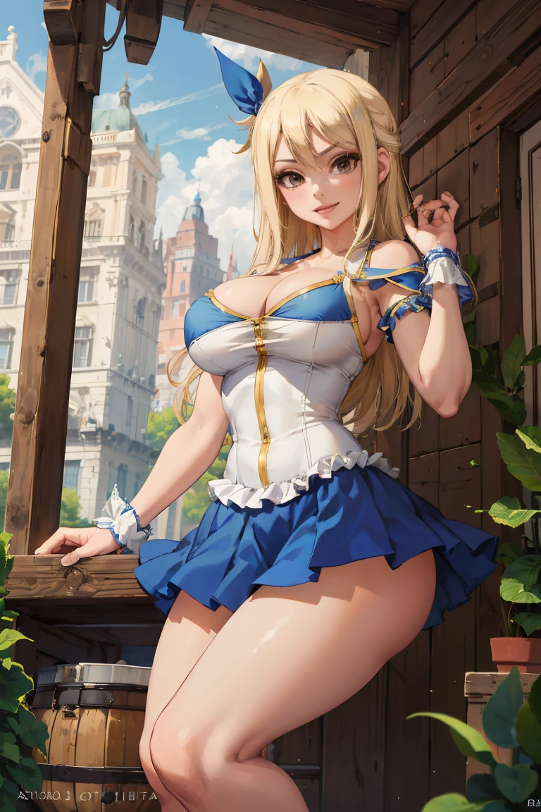 (Obra maestra, La mejor calidad:1.2), solamente, 1girl, Lucy Heartfilia, They are smiling, Buscando el visor de TA, manos en las caderas, azul sin mangas, minifalda, Botas de muslo, hermosa, atractiva