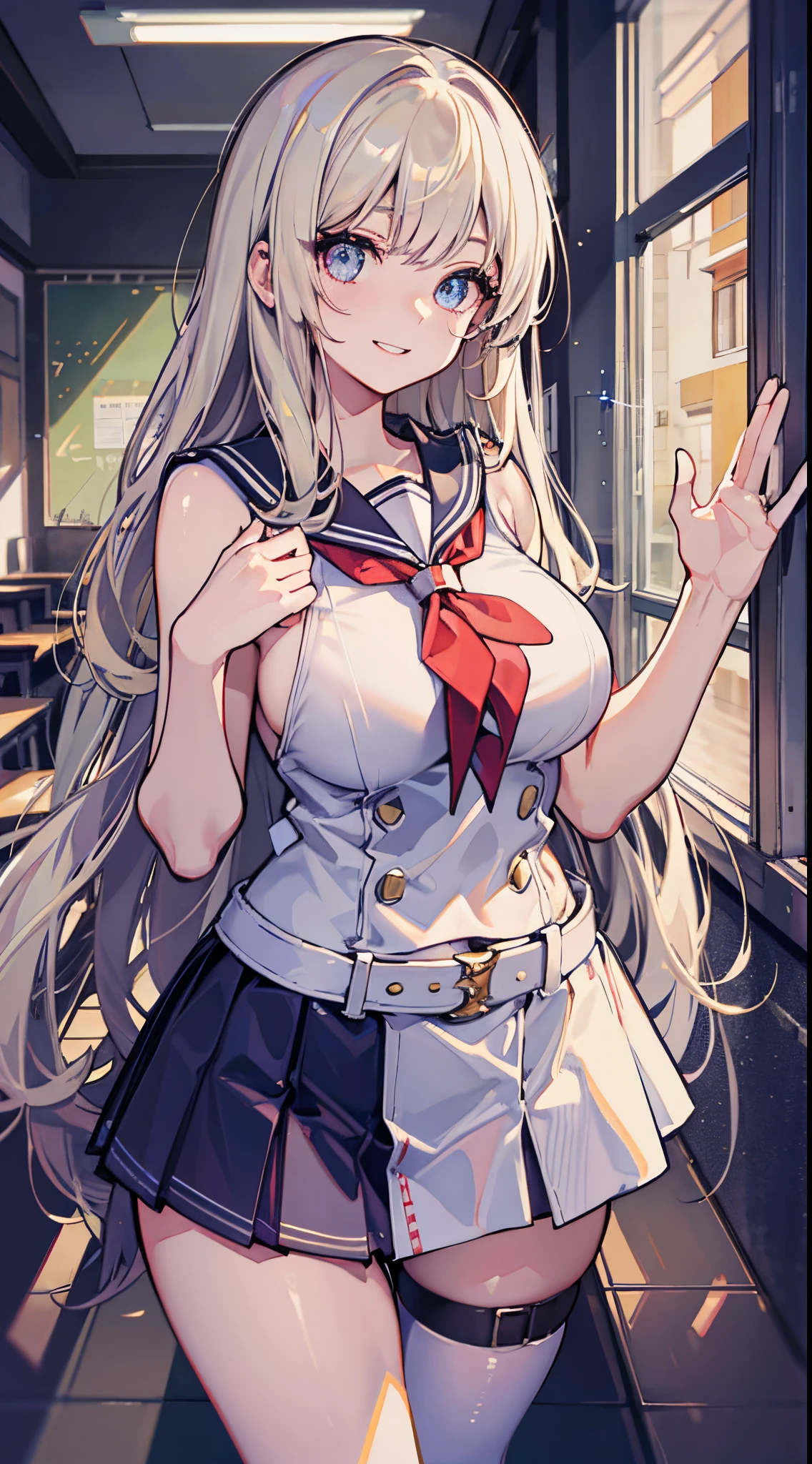 top-quality、realistic touch,high-detail、photoRealstic、Long body、captive beauty、big eye、Colossal tits、Strong platinum blonde eyelashes、platinum-blond、full body Esbian、Sparkling eyes、Submissive smile、Flushed cheeks、Kamimei、thin-waist、Voluptuous thighs、Enraptured look、Raked bangs、The forehead is protruding、Tight sailor uniform、thigh-high socks、sleeveless、Tight and short skirt with a large slit、Inside a school classroom、I'm not wearing panties、High-waisted skirt