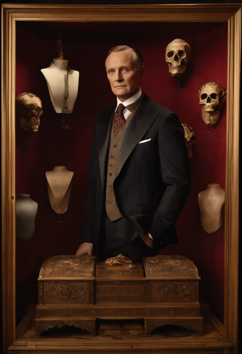 A photo of Hannibal Lecter meticulously arranging a collection of rare and valuable art pieces in his grand salon,The Silence of the Lambs,Lecter’s appearance is described as being disarmingly ordinary yet neat, with an intense gaze and a hint of predatory sharpness. He often presents himself with impeccable manners, a calm composure, and a precise, almost surgical precision in movement, masking the monster that lies beneath his civilized veneer., male