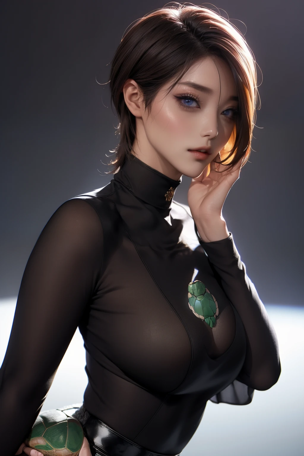 K-pop idol in turtleneck sweater、
(((​masterpiece))), ((top-quality)), ((intricate detailes)), (((hyper realisitic)), Absurd resolution, A MILF, A MILF, Near and far law, ighly detailed, illustratio, 1girl, ((mideum breasts)), perfect hand, detailed finger, beatiful detailed eyes, shorth hair, brown-eyed,(turtle neck:1.2), tight skirts, 细致背景, a choker, perfect  eyes, mesmerizing eyes, Look at viewers, from the front side