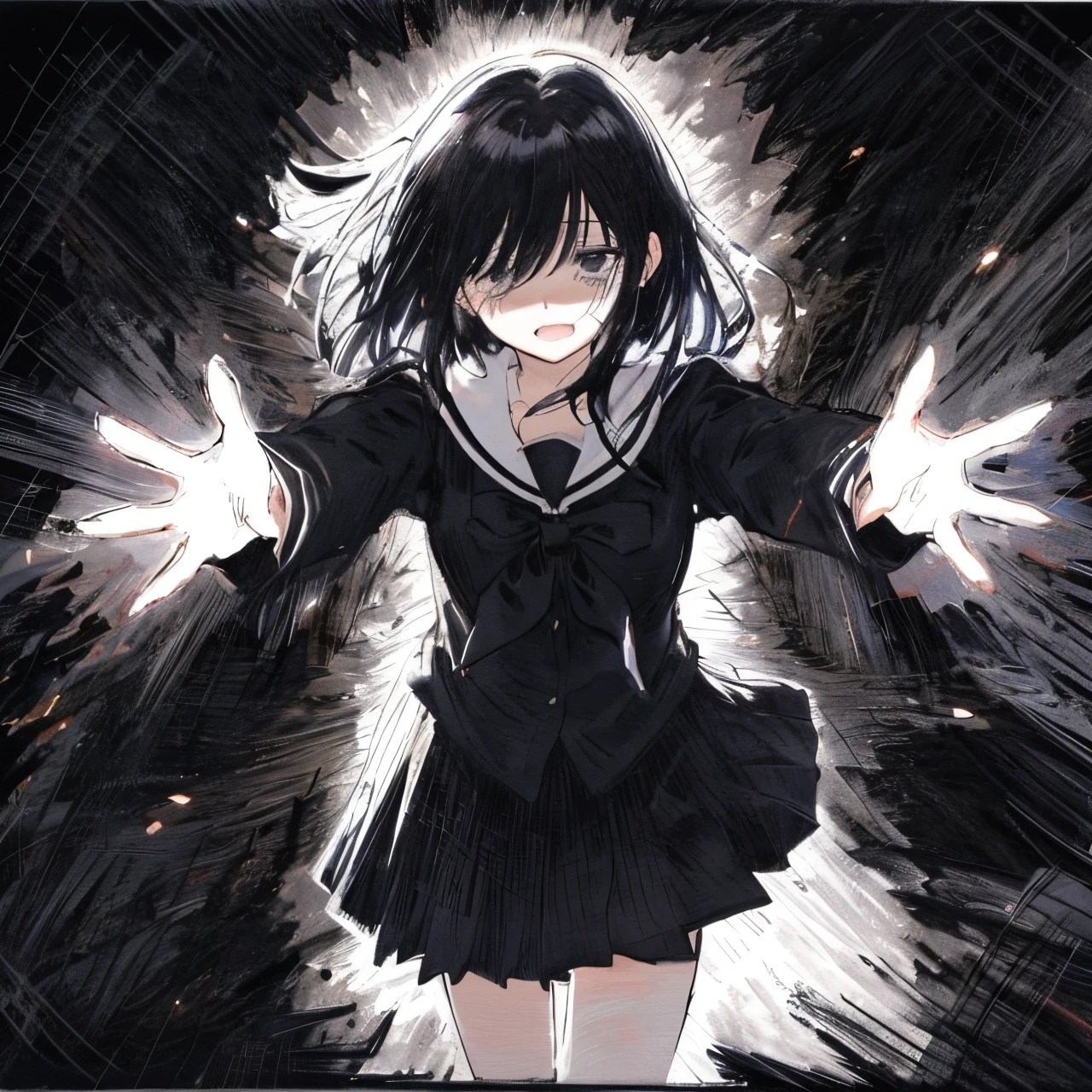 in the style of Chi no Wadachi, manga style, black and white, a girl standing, wearing a light shaded school uniform reaching out for embrace with both hands, surrounded by darkness, black hair, ((wide shot)), ((centered)), ((from below, distanced)), ((in the distance surrounded by darkness)), ((shadow over eyes)), ((black background)), ((crying))