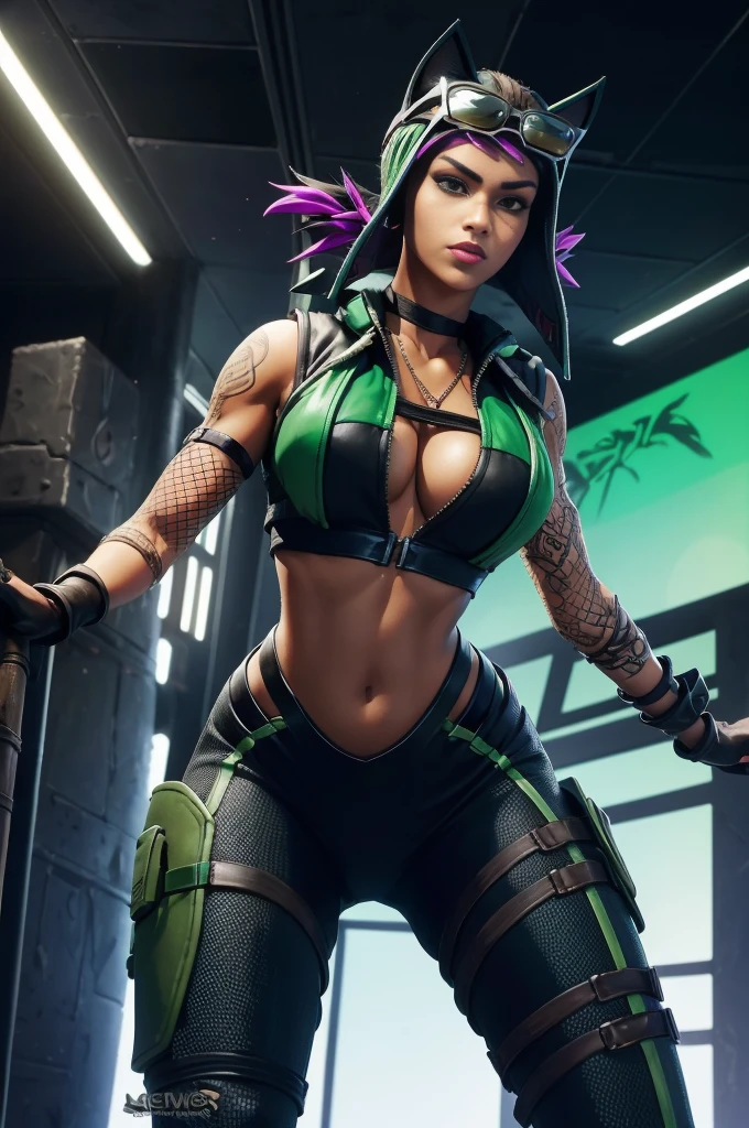 jungle battlefield，Black twist braid，green sunglasses，Middle Eastern face shape，Thin lips，Bright green loose fishnet combat uniform，Black non-slip gloves，Open the chest，Expose the lower half of the breast，Breast areola,Female,Renegade_Lynx, Tail, female focus, breasts.simple background, detailed, looking at viewer, centered,