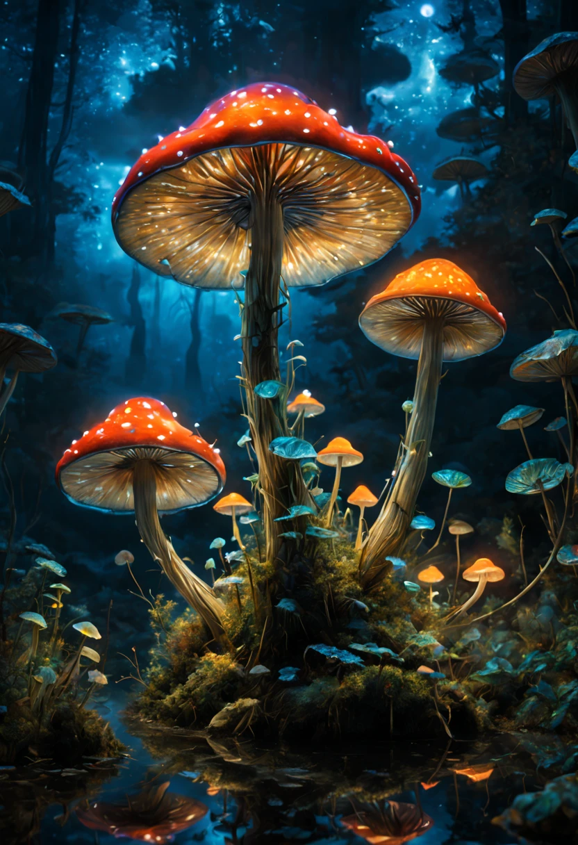 by Claude Monet, Bioluminescent Mushroom, night, Enhance, intricate, (best quality, masterpiece, Representative work, official art, Professional, unity 8k wallpaper:1.3)