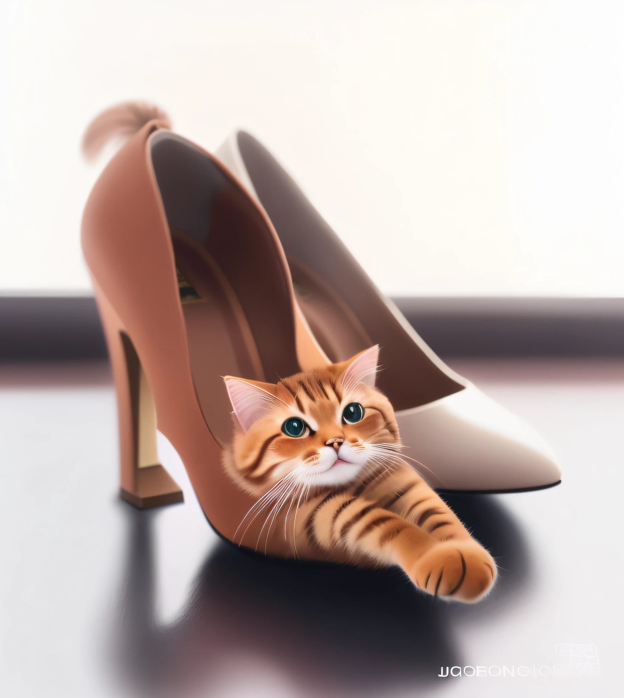 There is a cat lying on a pair of shoes, Hyper-realistic picture, Highly realistic photos, elegant cat, her foot sticking out, Hyper-realistic illustration, Hyper-realistic illustration, Hyper-realistic picture, Surreal photos, Surreal art, beautiful cat feet, funny illustration, funny cat, Extremely realistic photos, hyper realisitc!!!, Hyper-realistic illustration, Realistic illustration