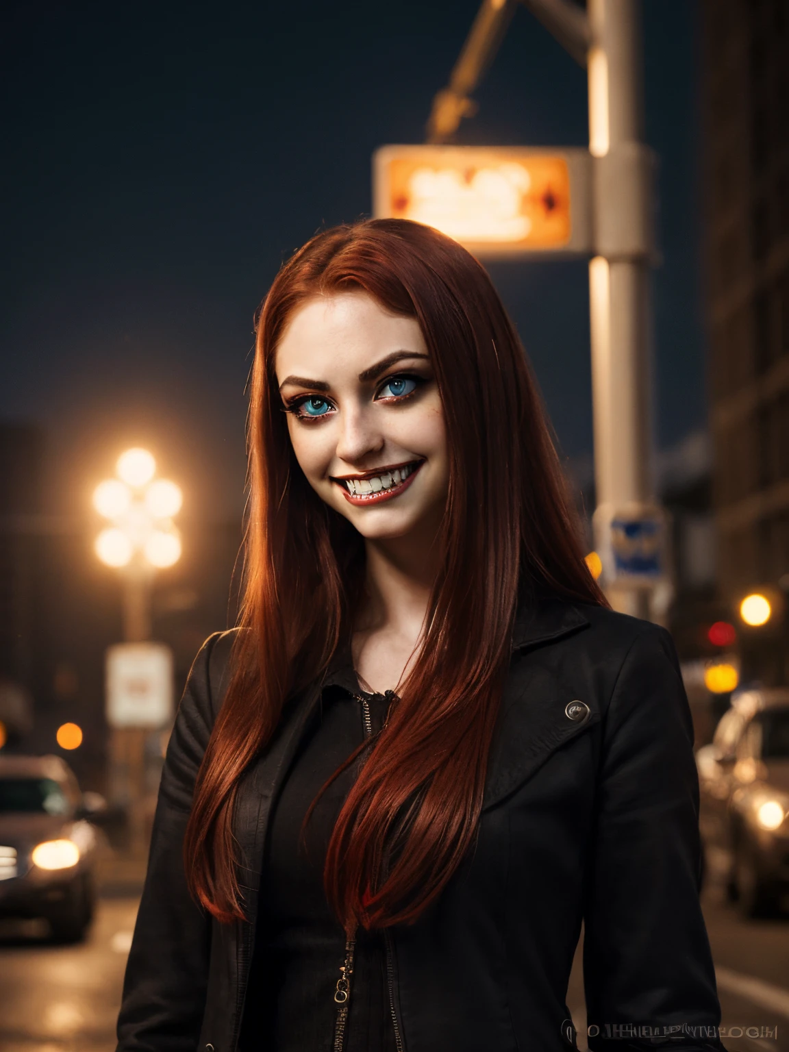 (hyperrealistic, masterpiece, high quality, high resolution, HD, 32K, 64K, extremely detailed, best illustration), dark night, mysterious atmosphere, 18 year old extremely beautiful American girl, as a vampire, (extremely detailed beautiful face), vengeance expressions, pale skin, (ferocious big eyes), (red pupils:1.6), eyes symmetry, face symmetry, long red hair, (cynical smile:1.6), saber tooth, on the road, (buildings, street light, traffic sigonals , platforms in the background)