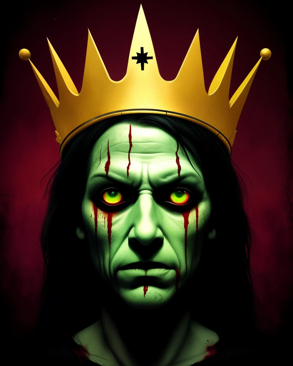A six pointed kings crown that is made of a faded gold and is covered in dry blood. It has a lip around the base of the crown with eldritch runes etched into the lip. The runes glow an unsettling and dim shade of green. The crown has been shattered into two pieces with cracks all over the crown that bleed a black blood.
The whole image should be in a horror art style.
