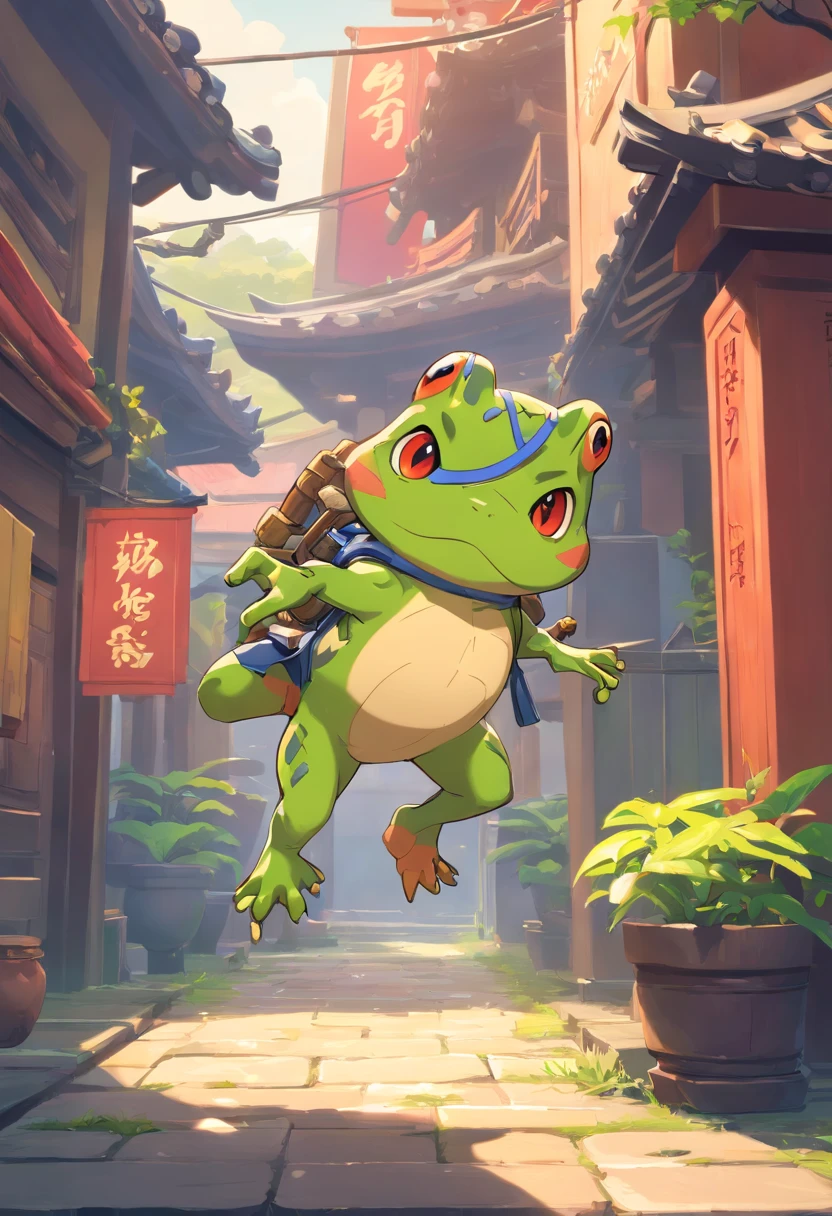 Rob Gonsalves/world of warcraft/Cuphead art style, vectorial, scribbles, Logo design, Anthropomorphic drawing of a frog man,1.0 wearing weapons, Wearing a ninja costume,Hold the dark device in your hand, Combat posture , In battle,Background Miyagi Hougang, simplistic design, RTX, hyper HD, cellshading, 32K, Ray tracing, The is well defined, Cartoon, Realistic, Drawing, Unreal Engine 5, rendering by octane, Shaders, 。.3D,Assassination organizations,jumpping ,sprint。