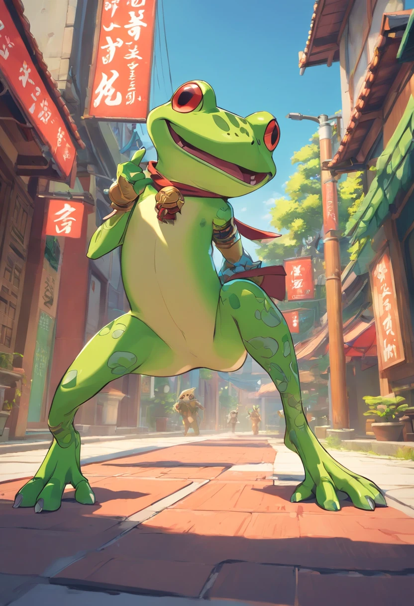 Rob Gonsalves/world of warcraft/Cuphead art style, vectorial, scribbles, Logo design, Anthropomorphic drawing of a frog man,1.0 wearing weapons, Wearing a ninja costume,Hold the dark device in your hand, Combat posture , In battle,Background Miyagi Hougang, simplistic design, RTX, hyper HD, cellshading, 32K, Ray tracing, The is well defined, Cartoon, Realistic, Drawing, Unreal Engine 5, rendering by octane, Shaders, 。.3D,Assassination organizations,jumpping ,sprint。
