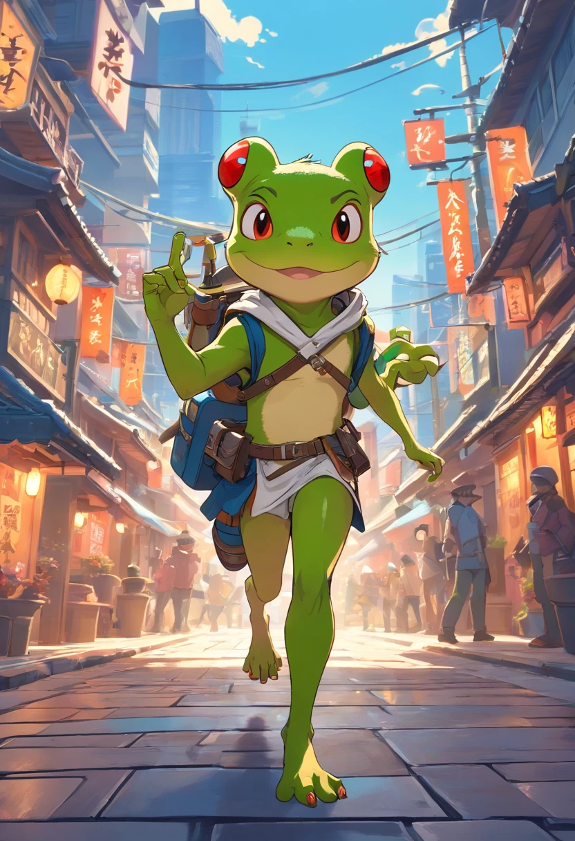 Rob Gonsalves/world of warcraft/Cuphead art style, vectorial, scribbles, Logo design, Anthropomorphic drawing of a frog man,1.0 wearing weapons, Wearing a ninja costume,Hold the dark device in your hand, Combat posture , In battle,Background Miyagi Hougang, simplistic design, RTX, hyper HD, cellshading, 32K, Ray tracing, The is well defined, Cartoon, Realistic, Drawing, Unreal Engine 5, rendering by octane, Shaders, 。.3D,Assassination organizations,jumpping ,sprint。