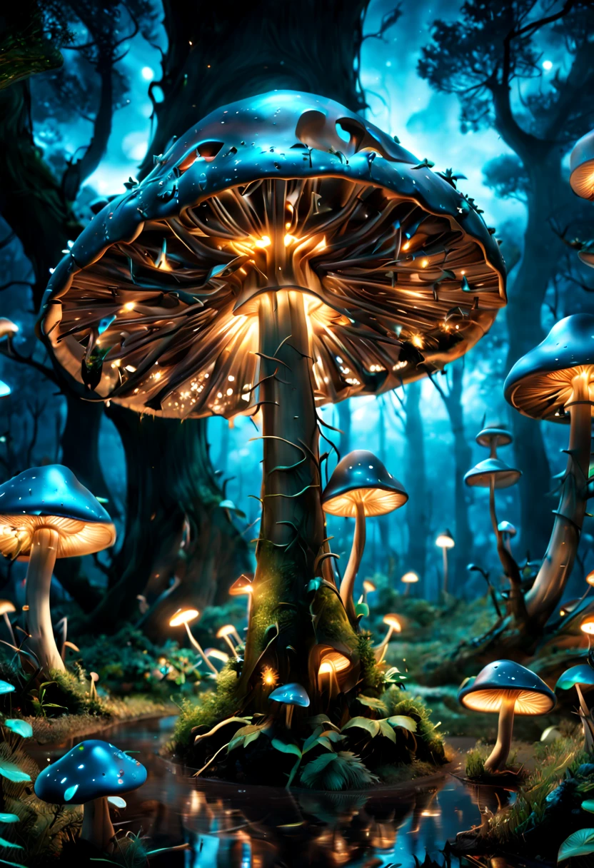 Bioluminescent Mushroom, night, park, nature art, ultra-wide-angle, octane render, enhance, intricate, (best quality, masterpiece, Representative work, official art, Professional, unity 8k wallpaper:1.3)