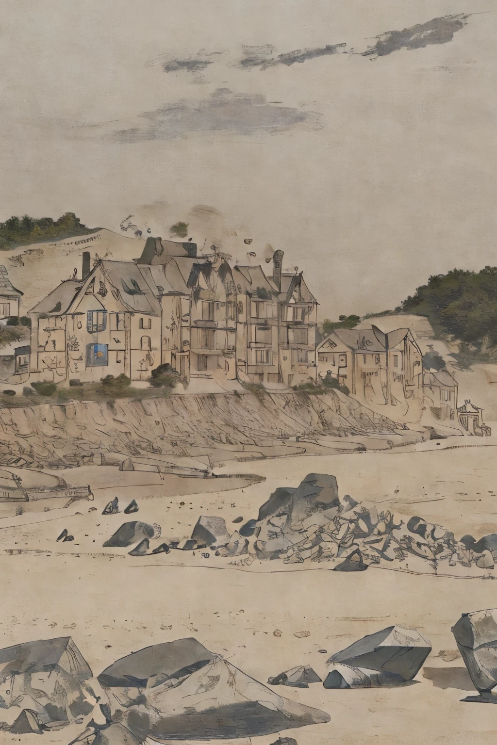 Two houses, one house built on sand being destroyed the second house being built on a rock