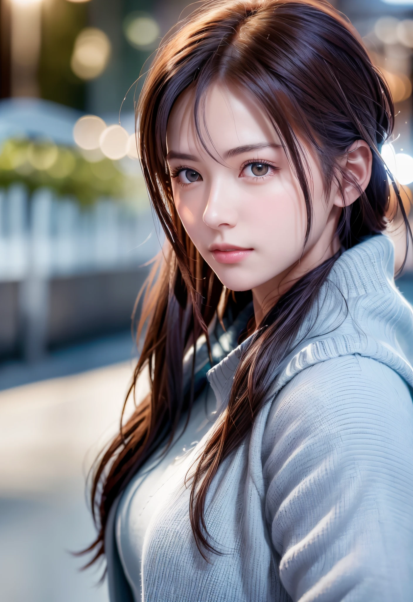 8K, of the highest quality, masutepiece:1.2), (Realistic, Photorealsitic:1.37), of the highest quality, masutepiece, Beautiful young woman, Pensive expression,、A charming、and an inviting look, skiing、snowboarder、Ski Wear, Hair tied back, Cinematic background, Light skin tone、Ski Resort Background