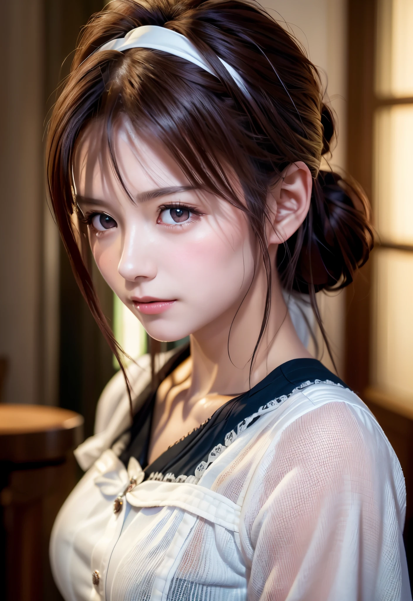 8K, of the highest quality, masutepiece:1.2), (Realistic, Photorealsitic:1.37), of the highest quality, masutepiece, Beautiful young woman, Pensive expression,、A charming、and an inviting look, Cute Maid Clothes, Hair tied back, Cinematic background, Light skin tone