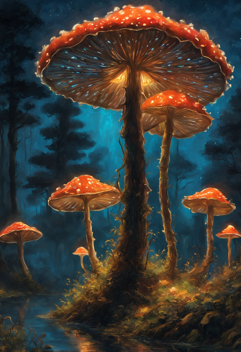 by Claude Monet, Bioluminescent Mushroom, night, Enhance, intricate, (best quality, masterpiece, Representative work, official art, Professional, unity 8k wallpaper:1.3)