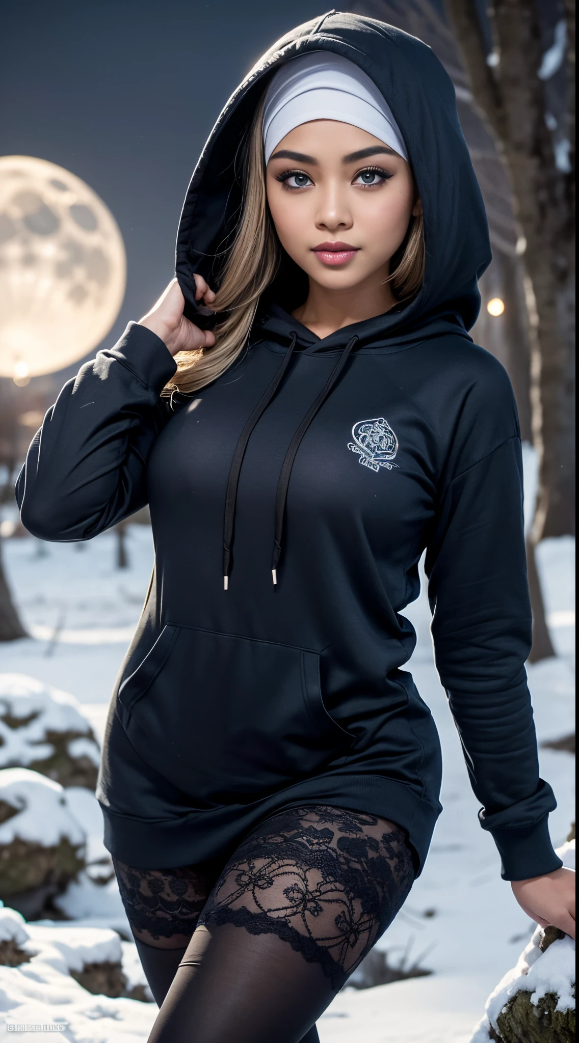 RAW, 8k,Best quality, high resolution, artwork: 1.3, beautiful Malay woman in hijab, big breasts, beautiful big eyes, smiling, Intricate Details, Ultra Details, Ultra High Resolution, Masterpiece, random angles, (Delicate Blue Eyes: 1.21 ), Blue eyes, looking at the viewer, ((whole body) ), 1malay woman,((whole body)), wearing ((hoodie)),wearing leggings,whole body , standing in the park at night, beautiful face, ( ((black hijap, )),(detailed face), sensual lips, detailed face, thick thighs, perfect and detailed legs, ((moonlight))