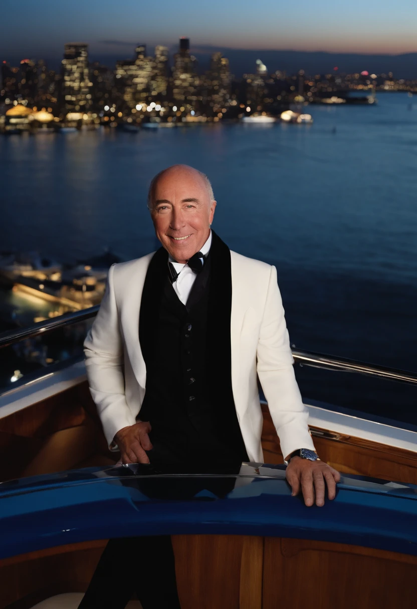 A photo of David Geffen enjoying a Sunday evening private concert on the top deck of his yacht, with the city skyline in the background.,original,In terms of appearance, Geffen is typically seen in smart-casual attire, projecting a professional yet approachable image befitting his status as a media mogul. With a clean-shaven face, neatly trimmed hair, and a composed demeanor, he conveys a sense of quiet confidence and understated elegance., male