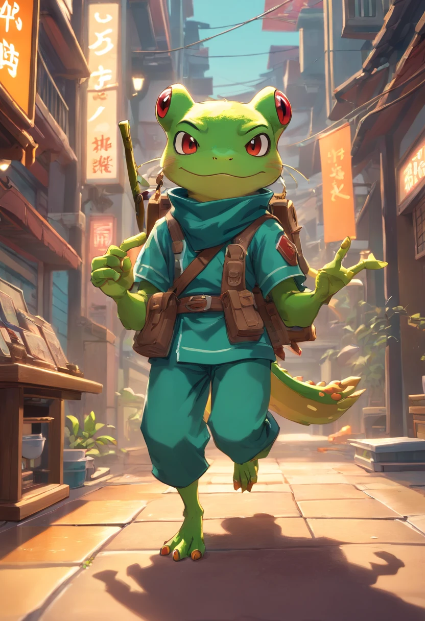 Rob Gonsalves/world of warcraft/Cuphead art style, vectorial, scribbles, Logo design, Anthropomorphic drawing of a frog man,1.0 wearing weapons, Wearing a ninja costume,Hold the dark device in your hand, Combat posture , In battle,Background Miyagi Hougang, simplistic design, RTX, hyper HD, cellshading, 32K, Ray tracing, The is well defined, Cartoon, Realistic, Drawing, Unreal Engine 5, rendering by octane, Shaders, 。.3D,Assassination organizations,jumpping ,sprint。