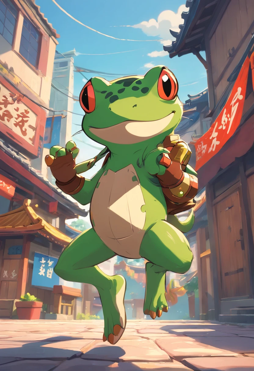 Rob Gonsalves/world of warcraft/Cuphead art style, vectorial, scribbles, Logo design, Anthropomorphic drawing of a frog man,1.0 wearing weapons, Wearing a ninja costume,Hold the dark device in your hand, Combat posture , In battle,Background Miyagi Hougang, simplistic design, RTX, hyper HD, cellshading, 32K, Ray tracing, The is well defined, Cartoon, Realistic, Drawing, Unreal Engine 5, rendering by octane, Shaders, 。.3D,Assassination organizations,jumpping ,sprint。