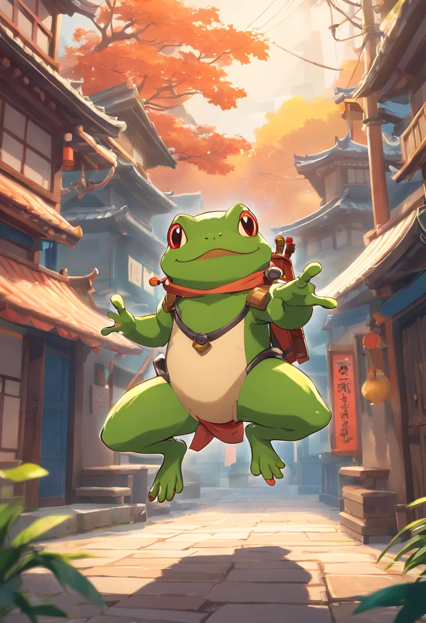 Rob Gonsalves/world of warcraft/Cuphead art style, vectorial, scribbles, Logo design, Anthropomorphic drawing of a frog man，1.0 wearing weapons， Wearing a ninja costume，Hold the dark device in your hand， Combat posture , In battle，Background Miyagi Hougang, simplistic design, RTX, hyper HD, cellshading, 32K, Ray tracing, The is well defined, Cartoon, Realistic, Drawing, Unreal Engine 5, rendering by octane, Shaders, 。.3D，Assassination organizations，jumpping ，sprint。