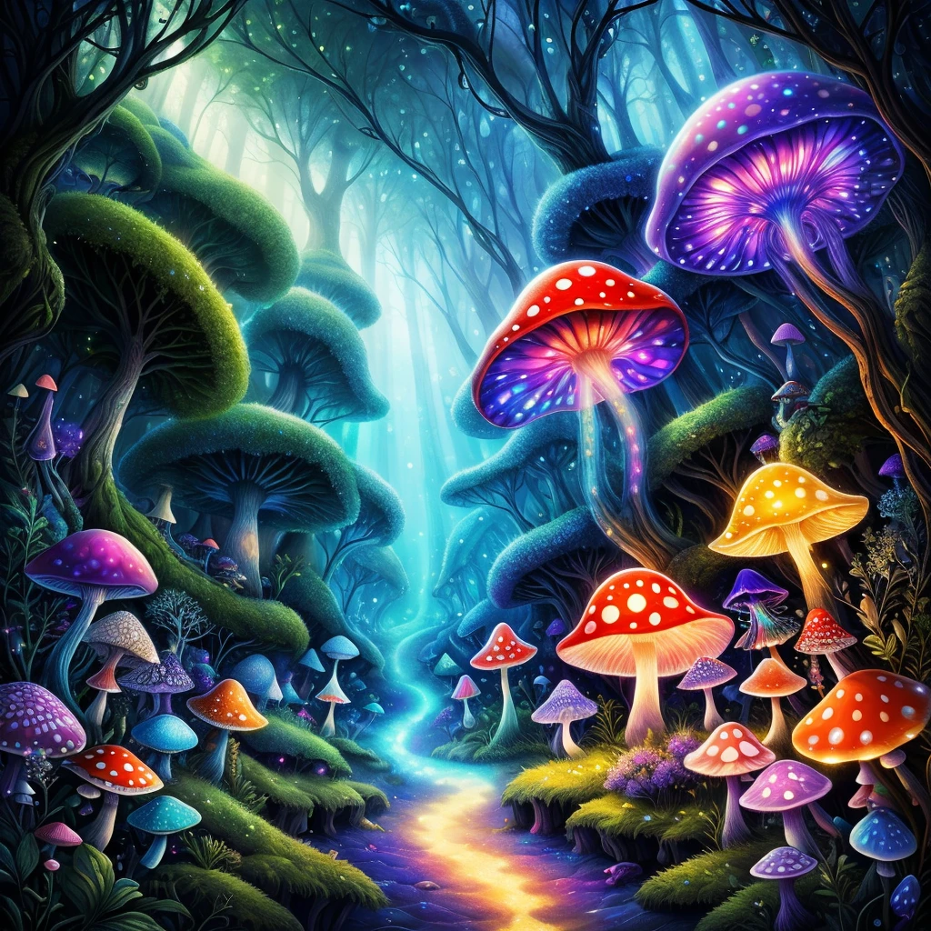 (Best quality at best, 8K, A high resolution, tmasterpiece:1.2), ultra - detailed, (actual, realistically:1.37), vibrant with colors, magical ambiance, Whimsical, ((amanita muscaria island , Luminous mycelium, jelly fish, dreamy forest , moss , High - quality photo , hyperdetailed , misty , chiaroscuro , vines , vignette , bokeh , dreamy and enchanting atmosphere)), Surreal, Psychedelic, Complicated details, Beautiful texture, Ethereal, like a dream, Soft glowing light, Charming Patterns, fantastical creature, Hidden surprises, dreamlike landscapes, Surreal color palette, Mystic aura, ultra-realistic realism, Enchanting journey, psychedelic trip, vivid imagination, immersive experience, mysterious creature, otherworldly charm, glowing paths, Light up magic mushrooms, surreal environment, Whimsical scenes, a magical encounter,Fascinating artwork