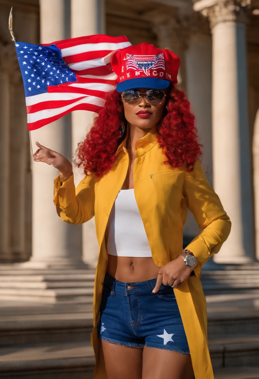 An image of the character holding a 'Trump 2024' sign and wearing a 'Keep America Great' hat at the Capitol building.,original,Maggie, a staunch MAGA devotee, stands out with her fiery red hair often styled in a patriotic bandana, and her wardrobe is a bold display of pro-Trump slogans and American flags. Her appearance is further marked by a determined, almost fierce expression, embodying her unshakable conviction in her political stance., female