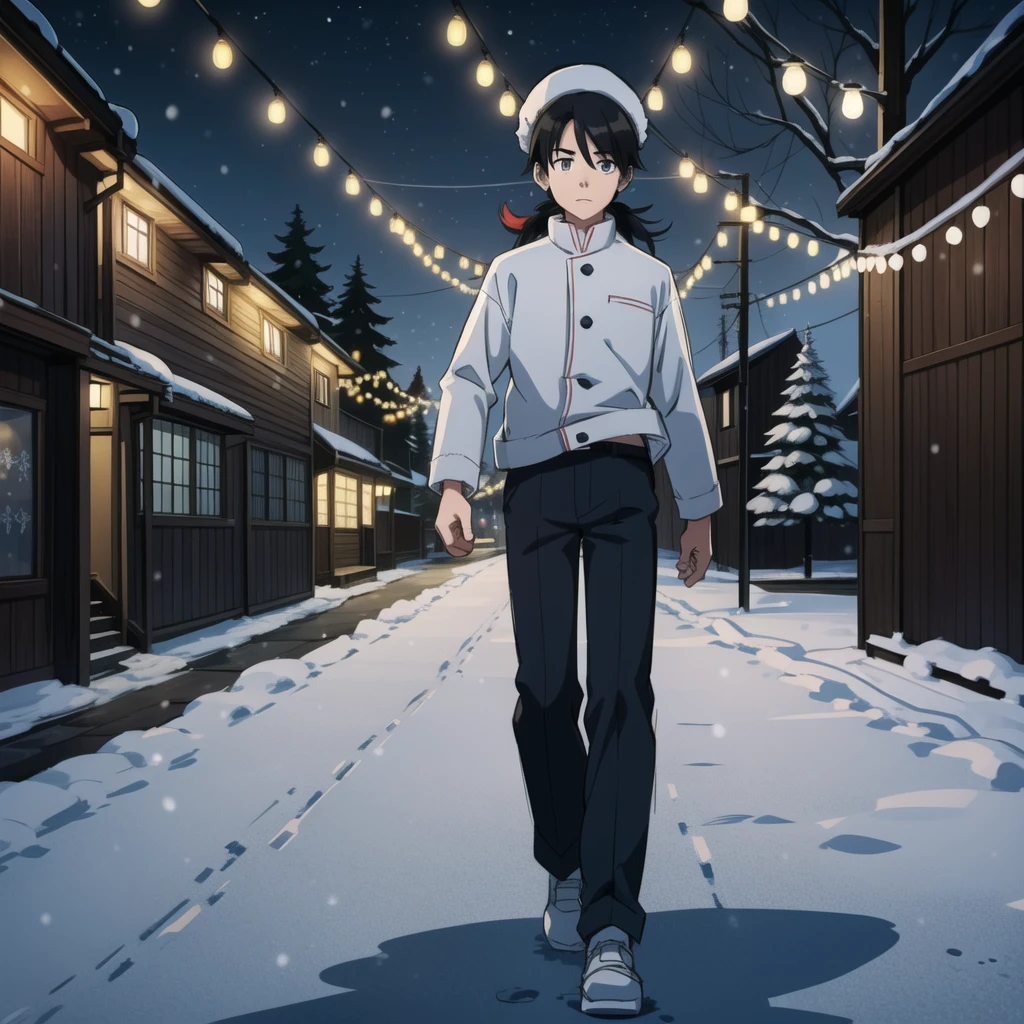 ((Sketch)) ((Manga style)) Christmas, a young boy with a long mullet haircut, big lips, and slanted eyes, wearing a hat. Winter season, snow and pine trees on the streets. Walking in the neiborhood. Christmas lights at night