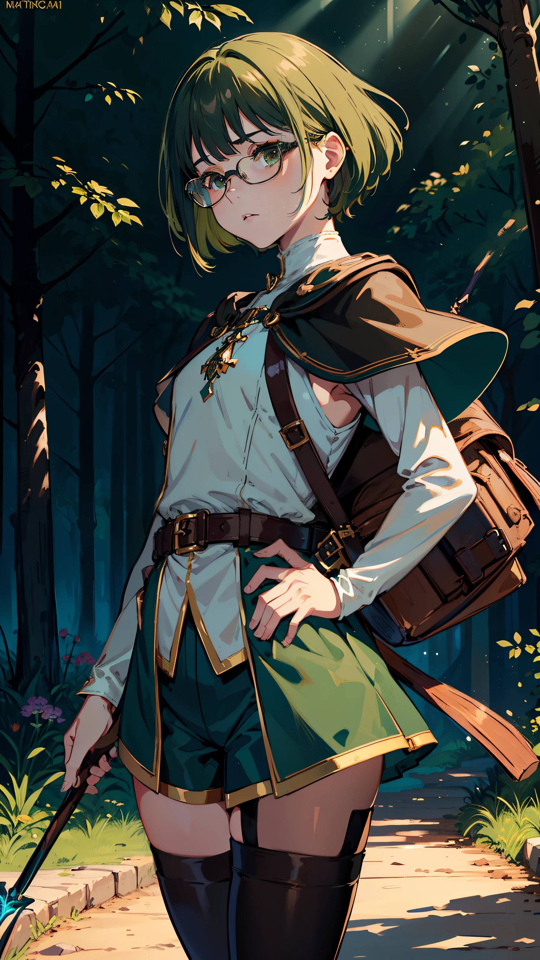 masutepiece, ultra-detailliert, 8K Portrait, Raw photo, a portrait photo of, Highly detailed face, beautiful and meticulous eyes, ((Fantasy)), Young beautiful, , child, Dynamse, (((short dark green bob hair))), Blunt bangs, White skin color, Glasses, Luxury, (((Tunic and shorts))), (((brown cape))), (((Big backpack))), (((Dark Thigh High Tights))), High Cut Leather Boots, ((Hold a long magic wand)), Midday Sun, Hyper realistic, Slender body, flat chest, Long legs, on the medieval road, Ambient lighting, Shadow details , Camera focus on face, strong breeze, Light fog