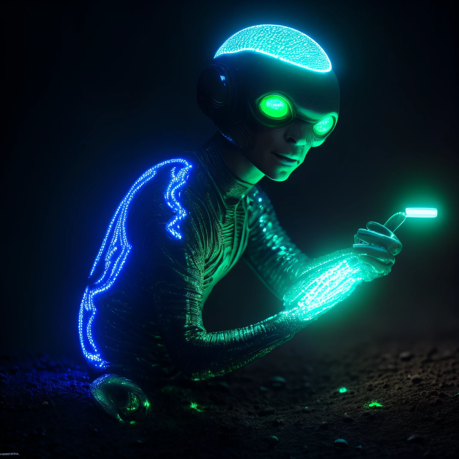 face focus, super high quality, 8k, RAW photo, realistic, bioluminescent mushroom cut alien, background black, iridescent dust