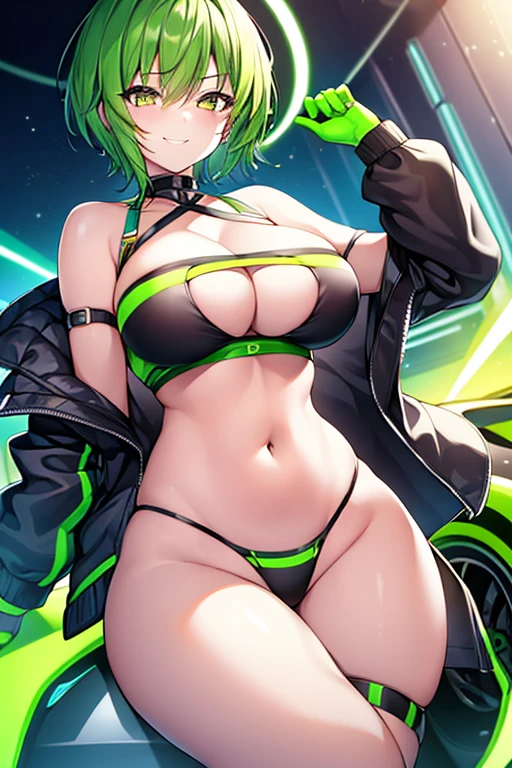 1girl, large breasts, breasts, thick thighs, wide hips, green hair, very short hair, short hair, yellow eyes, bikini, black bikini, neon trim, green neon trim, smile, smirk, smug, futuristic, science-fiction, tech, shoes, sneakers, green neon trim, green trim, v-string, race queen, car, sports car, sport car, motor vehicle