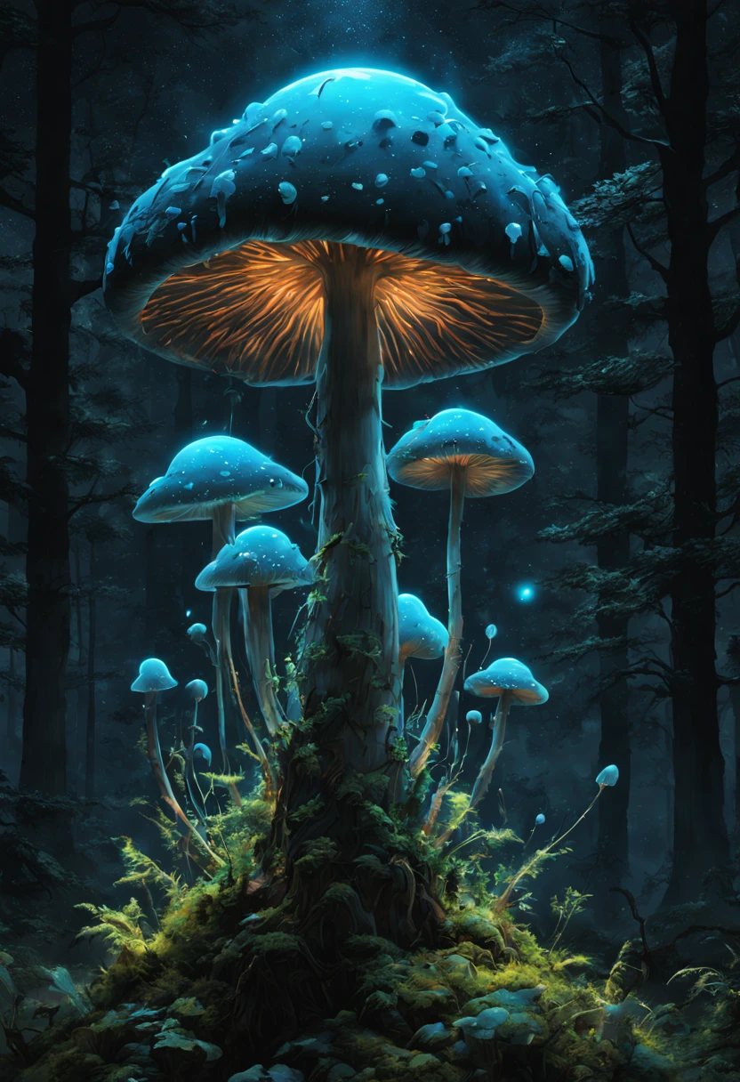 by Naoki Urasawa, Bioluminescent Mushroom, night, Enhance, intricate, (best quality, masterpiece, Representative work, official art, Professional, unity 8k wallpaper:1.3)