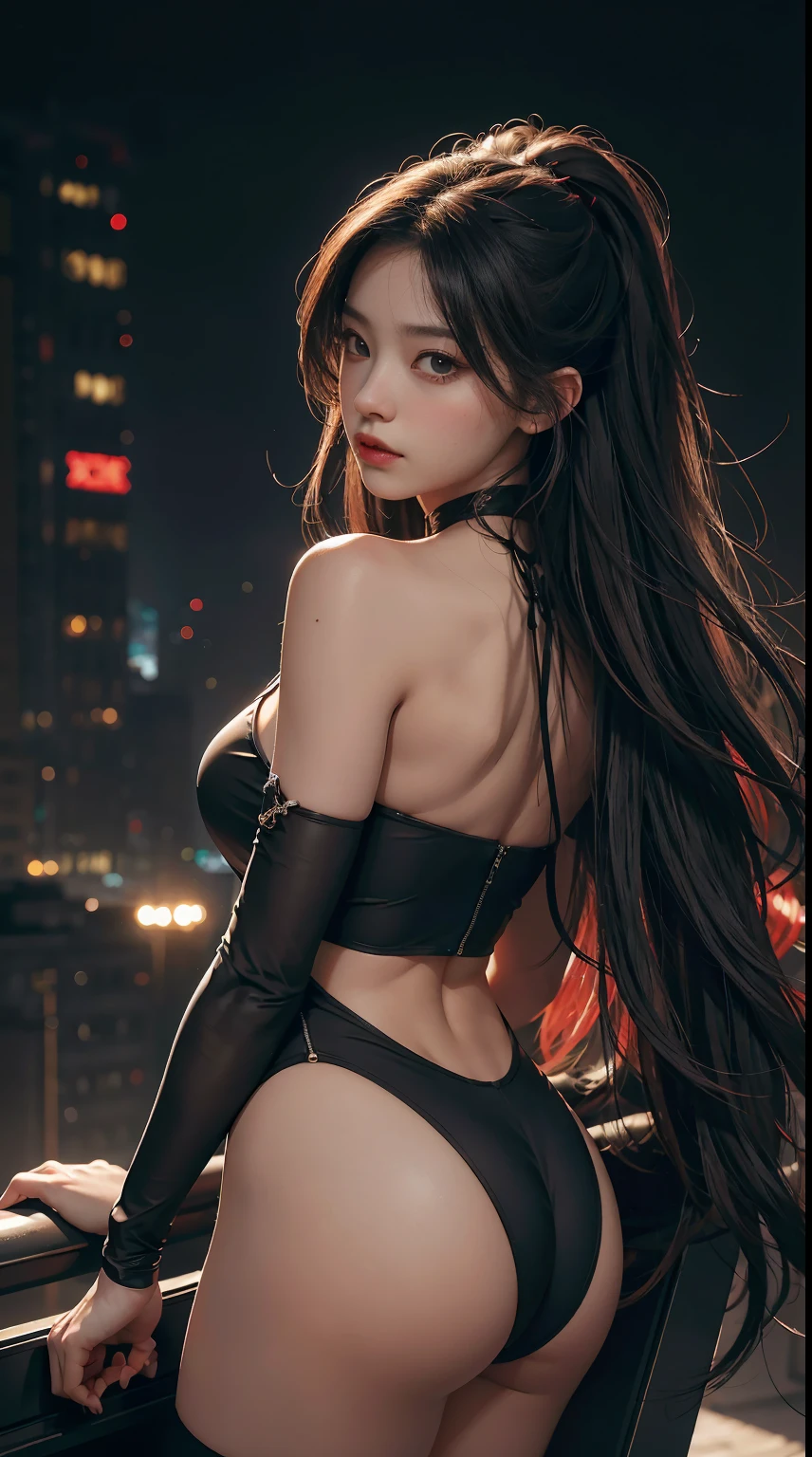 best images quality, Excellent details, 超高分辨率, (Endless realism: 1.4), Best Best Illustration, Loved the details, Highly concentrated 1girl, exquisite and beautiful face, Wearing a black and red tube top, Long gray hair, Unkheveled hair, wide ass, slalom, The background is a futuristic city high-tech lighting scene