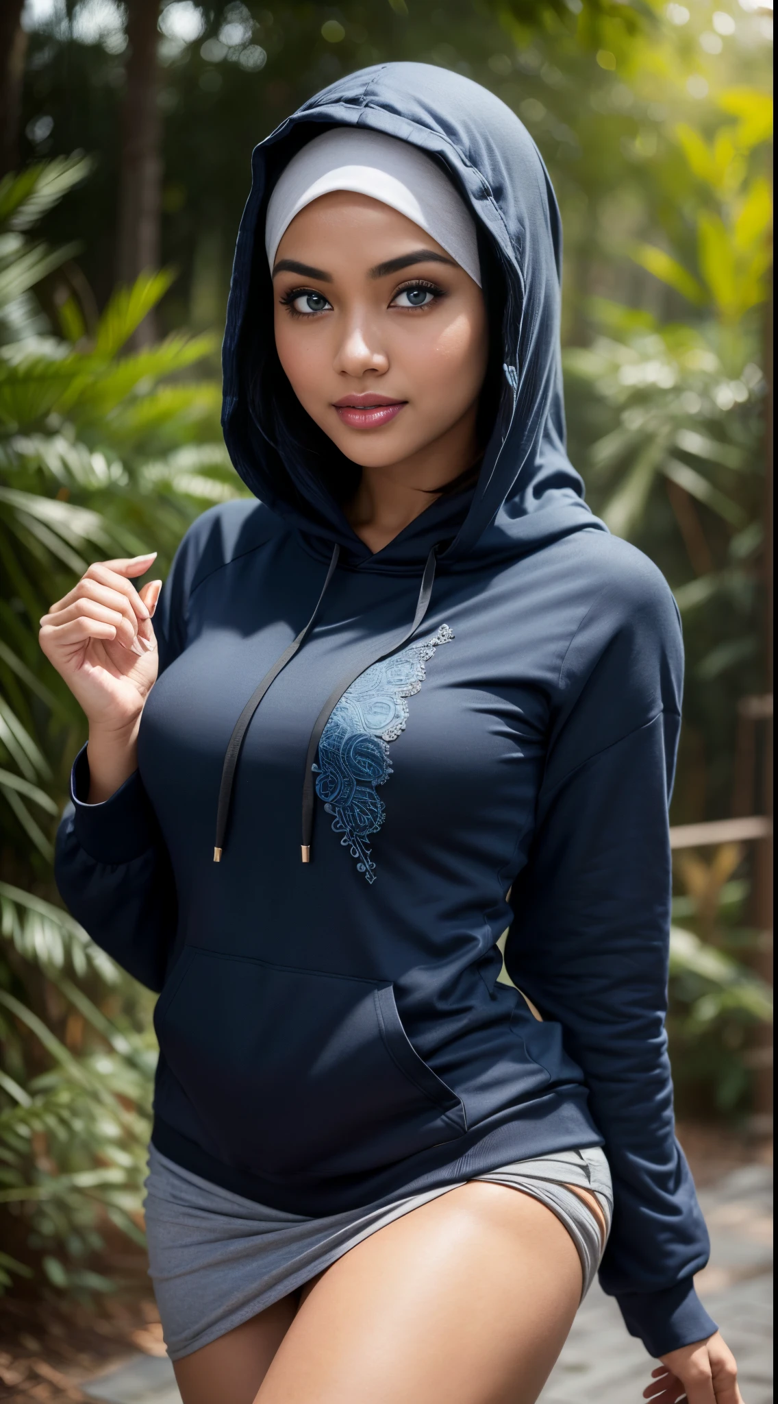 RAW, 8k,Best quality, high resolution, artwork: 1.3, beautiful Malay woman in hijab, big breasts, beautiful big eyes, smiling, Intricate Details, Ultra Details, Ultra High Resolution, Masterpiece, random angles, (Delicate Blue Eyes: 1.21) , Blue eyes, looking at the viewer, ((whole body) ), 1malay woman, solo, 1woman, ((whole body)), standing in the park at night, wearing a long pleated skirt, wearing ((hoodie)),(((fit body)) ), (((slim face))), beautiful face, (((black hijap, )) (detailed face), sensual lips, detailed face, detailed breasts, thick thighs, perfect and detailed legs, (( rays month ))