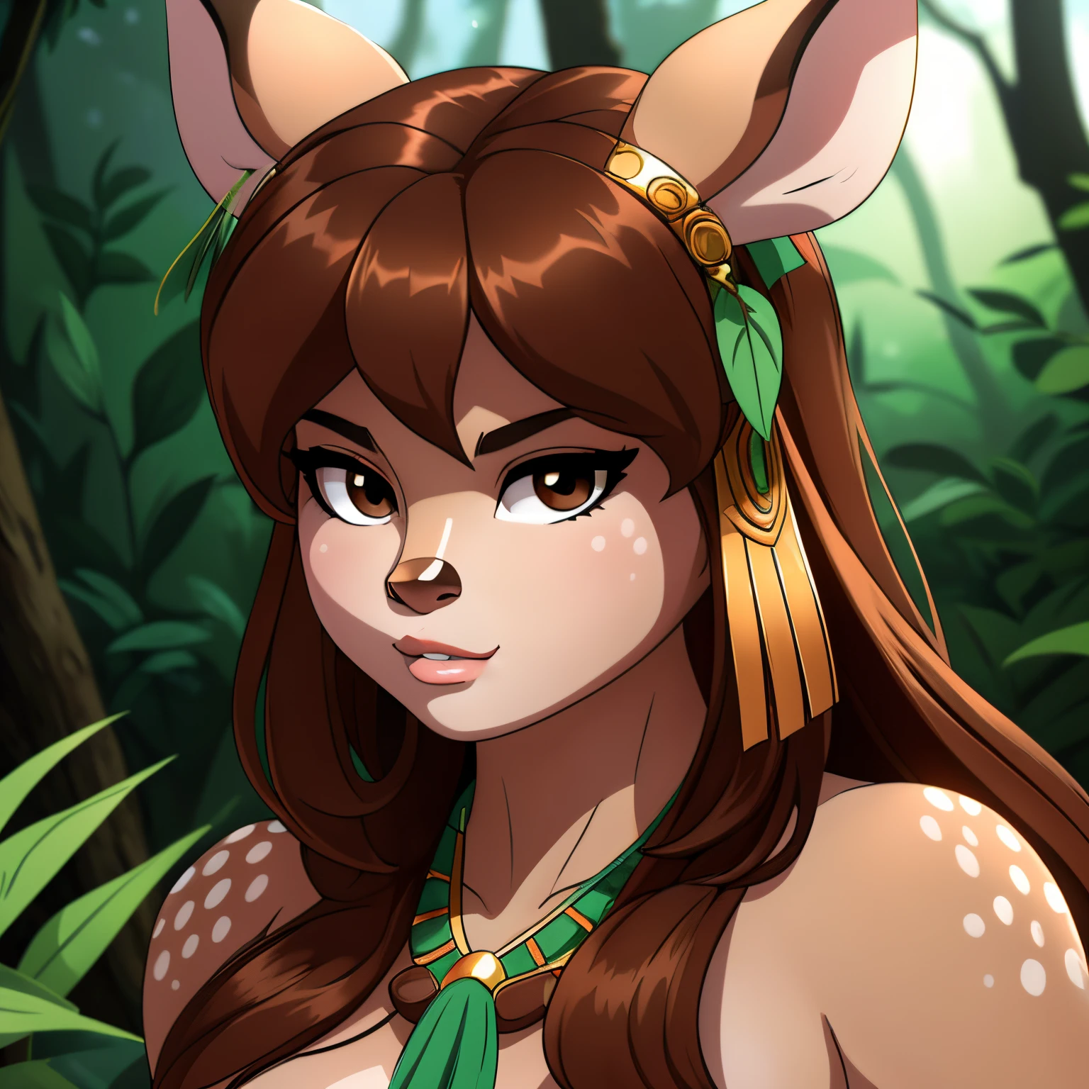 ((ultra quality)), ((tmasterpiece)), Deer Girl, furry doe, ((there are only deer ears)), ((there is a deer tail in the back)) (brown-haired woman, long straight hair), (green leaves in hair), (Beautiful cute face), (beautiful female lips), Charming, (doe nose), ((sexy facial expression)), is looking at the camera, eyes are slightly closed, ((skin color brown)), Body glare, ((detailed beautiful female eyes)), ((dark brown eyes)), (juicy female lips), (beautiful female hands), ((perfect female figure)), perfect female body, Beautiful waist, black claws, beautiful breasts, ((Subtle and beautiful)), sits seductively on a stump ((closeup face)), (wearing a green tribal loincloth, green tribal top, Tribal jewelry) background: Night Forest, kali, ((Depth of field)), ((high quality clear image)), (crisp details), ((higly detailed)), Realistic, Professional Photo Session, ((Clear Focus)), the anime