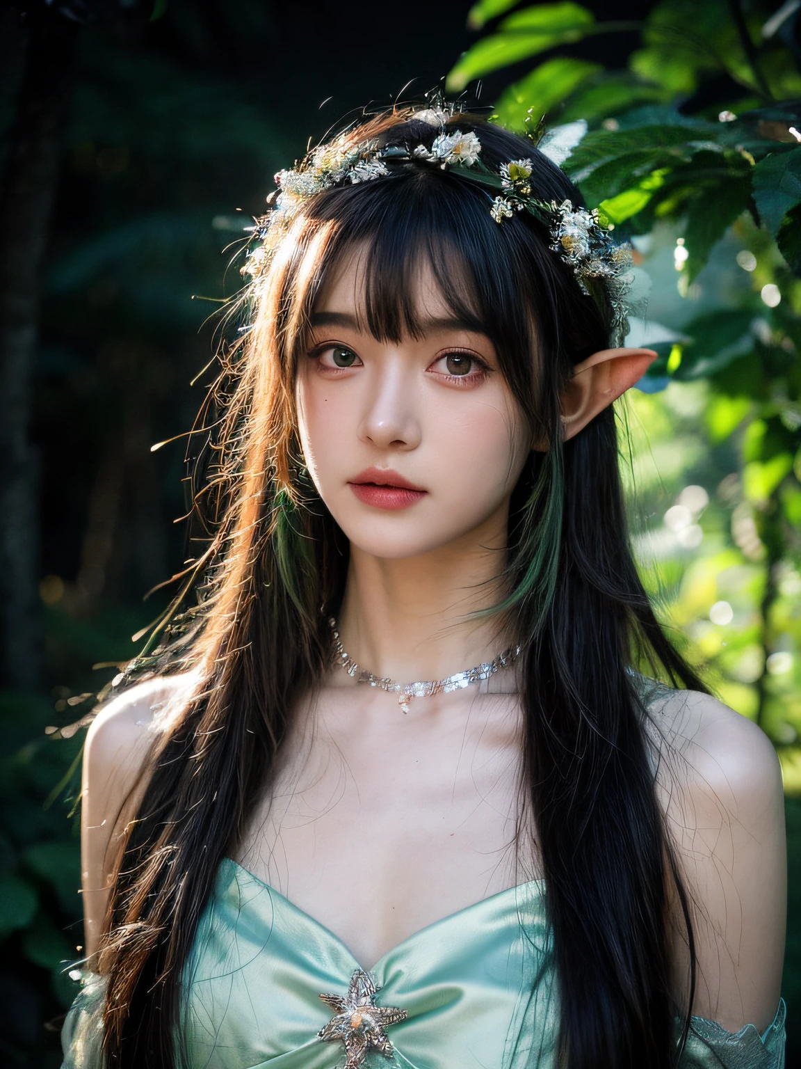 (watercolor: 1.2), Elf Princess, flower, freckles, bangs, Redhead, Long Hair, Green Eyes, Hair between the eyes, flower earrings, Blurred Background, High resolution