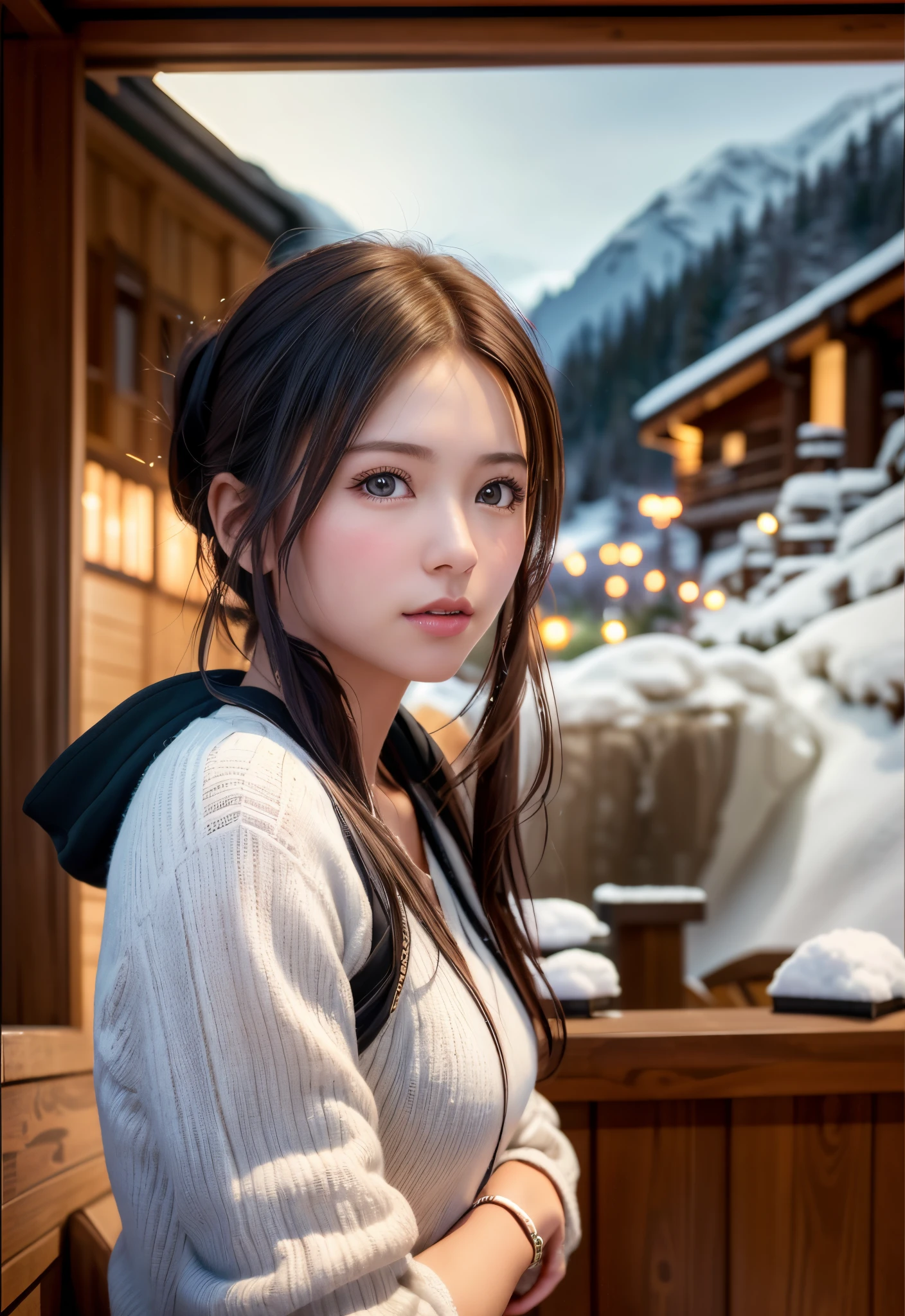 8K, of the highest quality, masutepiece:1.2), (Realistic, Photorealsitic:1.37), of the highest quality, masutepiece, Beautiful young woman, Pensive expression,、A charming、and an inviting look, skiing、snowboarder、Ski Wear, Hair tied back, Cinematic background, Light skin tone、Ski Resort Background