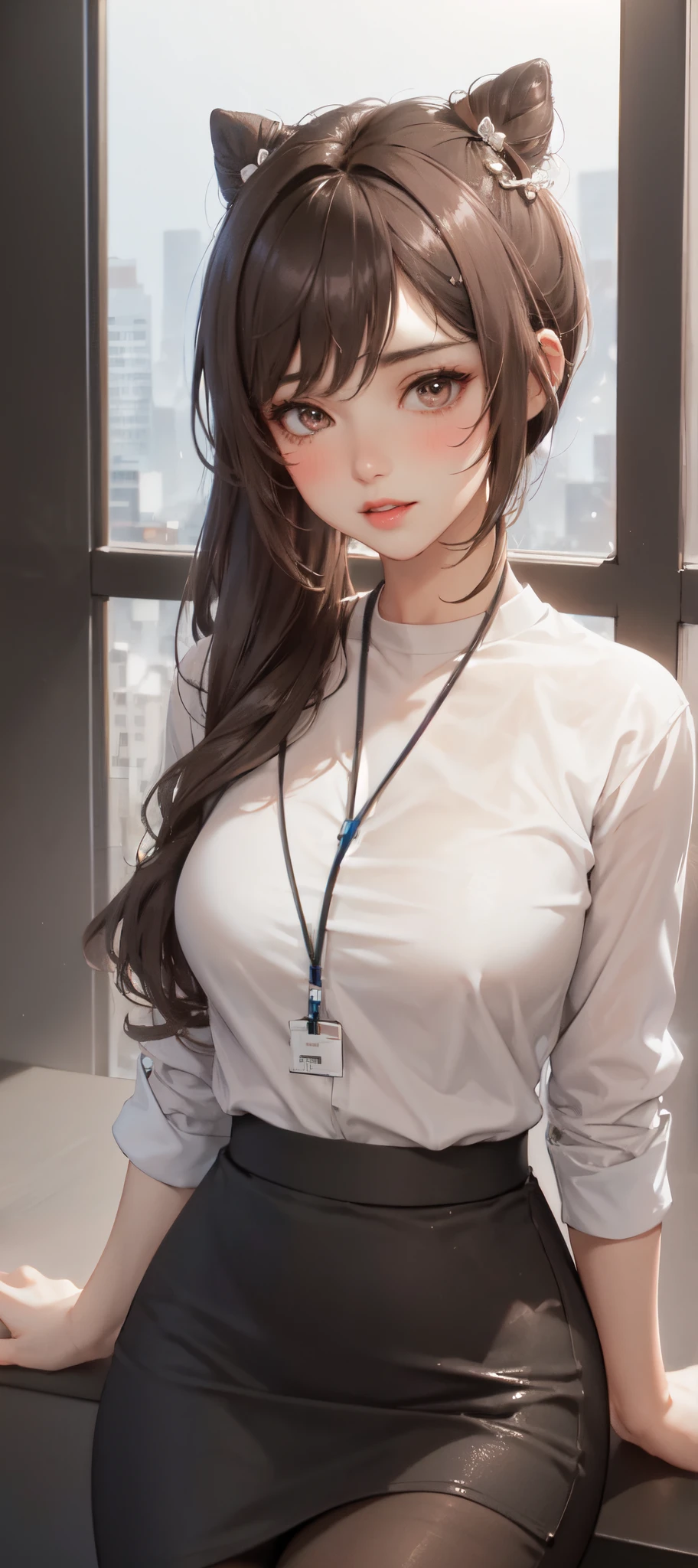 1lady standing, /(casual shirt/) (black pencil skirt:1.1) /(id card lanyard/), mature female, /(brown hair/) bangs, , lips apart, blush, , (masterpiece best quality:1.2) delicate illustration ultra-detailed BREAK /(modern office indoors/), window skyscraper