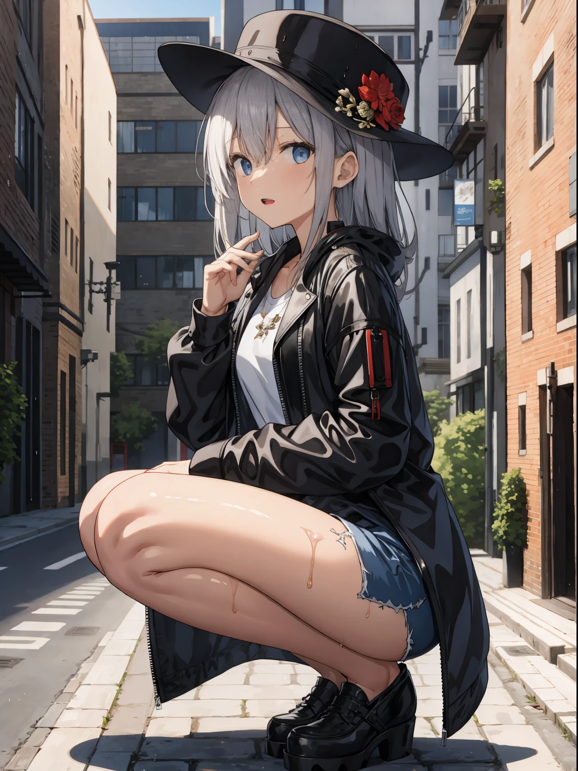 (A high resolution, absurd res:1.1), full art illustration, BREAK BREAK BREAK
(plumw:1.1), A girl wearing a black hat and a white shirt, anime cyberpunk art, wet streets, street fashion, Dark blue leather armor, Photorealistically rendered clothing, pixiv 3dcg, wet from rain, Black leather shorts, 韓国アイドル, dressed in punk clothing, dark neighborhood, boxer, dark blue decorative clothing, Squat, BREAK BREAK BREAK