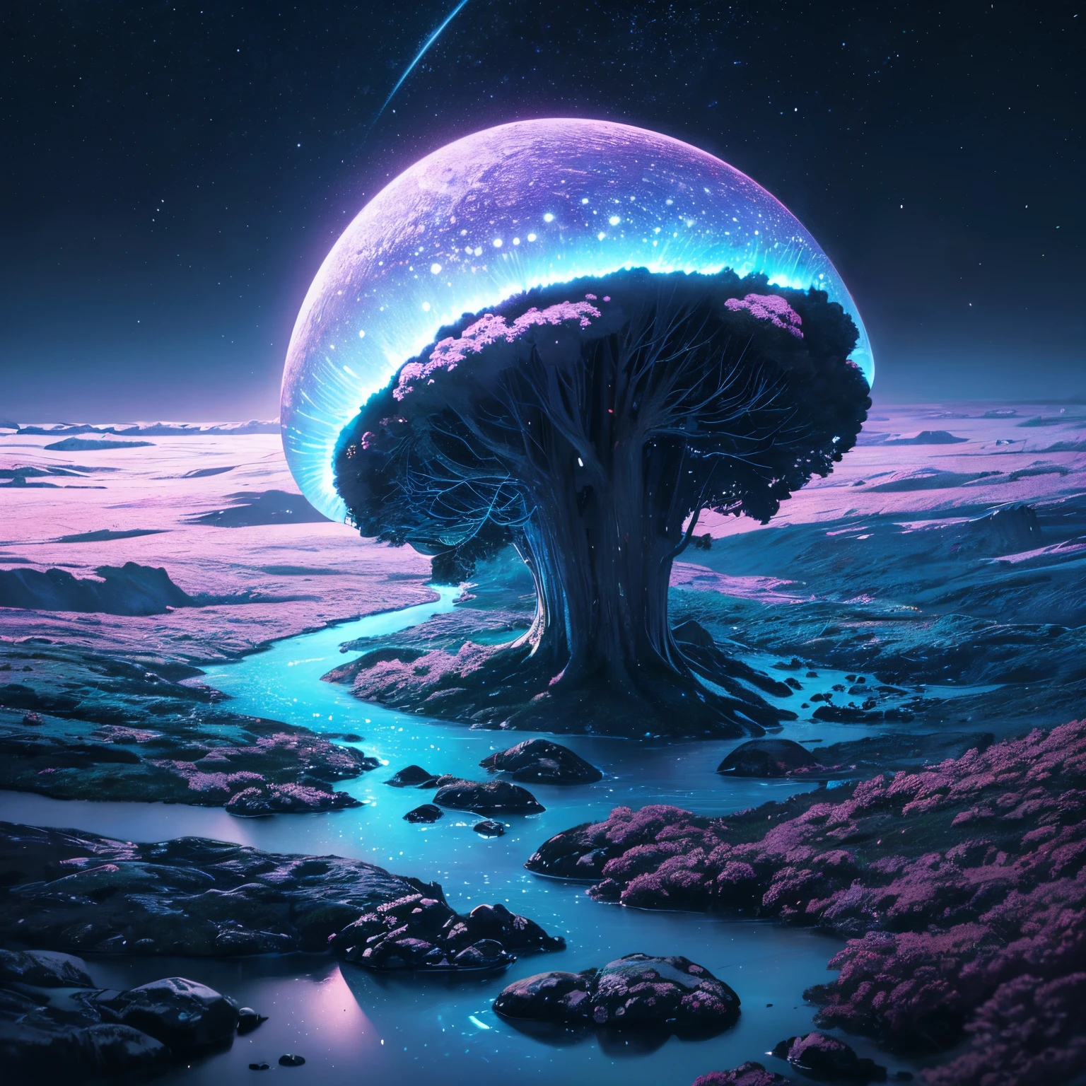 super high quality, 8k, RAW photo, realistic, detailed and delicate depiction and flashy and dynamic painting method, on a freezing cold night, bioluminescent mushrooms create a variety of colors that reflect on the surface of the lake, background starry sky, moon, dark forest