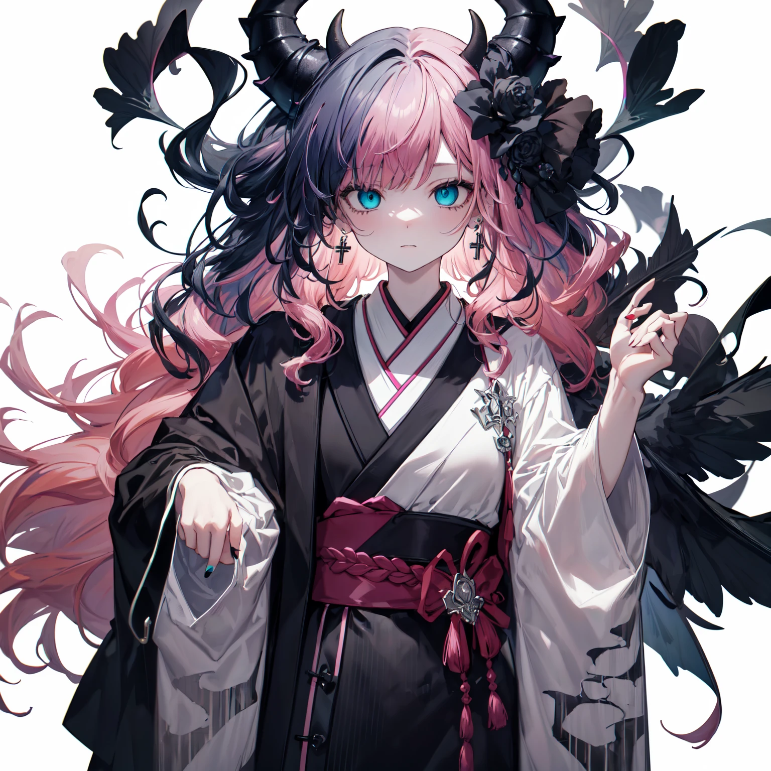 (masterpiece, absurdres, a high resolution, hyper-detailing, hdr, highres, best quality, high quality, 8k, beautiful lighting, ultra_detailed, highres, highest quality, beautiful, cute, digital art:1.2), (amazing details, detailed hair, detailed eyes:1.25), (perfect eyes, even eyes:1.4), (an anime drawing of a girl, anime styled, anime:1.1), looking at viewer, 1girl, girl, (solo:1.3), anime girl with black and white devil horns, (long wavy crazy hair:1.8), (white flower hair ornament with black leaf:1.1), ((rectangle earrings)), ((white cross necklace)), (bangs), (swepted angs:1.4), wispy bangs, frilled bangs, head, [17-year-old anime], (devil, demon, demon girl, pink wings), (gothic!!, gloomy style, pastel goth, creepy kawaii, goth girl, neon goth, emo girl, goth girl, aesthetic cute with flutter:1.6), [in style of cytus and deemo], (half body adaptable:1.99), (black and pink hair color:1.99), (cyan eyes:1.45), marked face, (black kimono:1.2), long dress, pale skin, (emotionless:1.2), white leggings, black and white thonged Japanese sandals, (ribbons: 0.1), (medium breasts:1.1), thin body, [butterflies], black color scheme, [mouth], (white background:1.8)