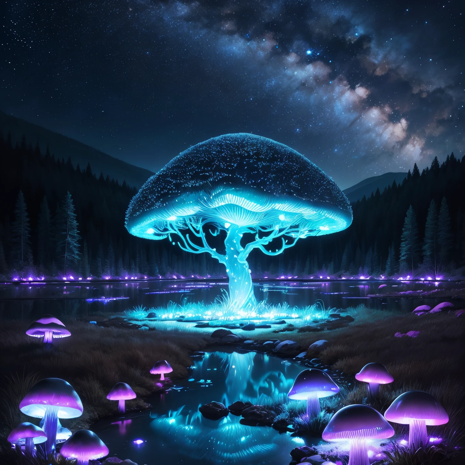 super high quality, 8k, RAW photo, realistic, detailed and delicate depiction and flashy and dynamic painting method, on a freezing cold night, bioluminescent mushrooms create a variety of colors that reflect on the surface of the lake, background starry sky, moon, dark forest