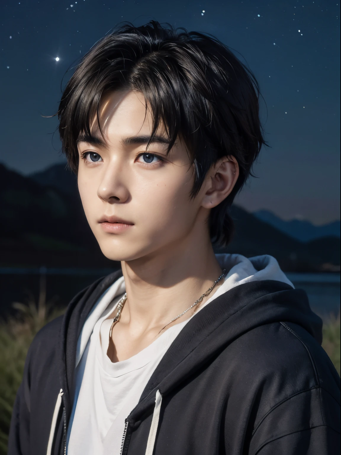 (photorealistic, masterpiece, 8K HD, good lighting quality, portrait, closing up on face, intricate details), a handsome young japanese  boy, cute, wistful gaze, detailed face, detailed eyes, looking at the sky, wearing hoodie over shirt, necklace, blue eyes, (pale skin), slim build, black hair, smooth hair, hair bangs, wolf cut hairstyle, short ponytail, outdoors, twilight, stars, cosmical, dreamy world, surrealism, ethereal