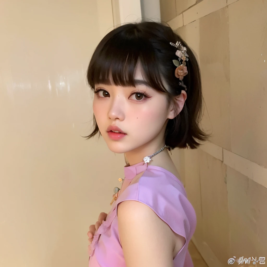 hay una joven con un vestido rosa y una flor en el pelo, Lalisa Manobal, Xintong Chen, Peinado blanco de corte hime, Sha Xi, Yanjun Chengt, Xision Wu, ulzzang, El Corte Hime, Ruan Jia hermoso!, young cute wan asian face, Lalisa Manoban de Blackpink, Shikamimi