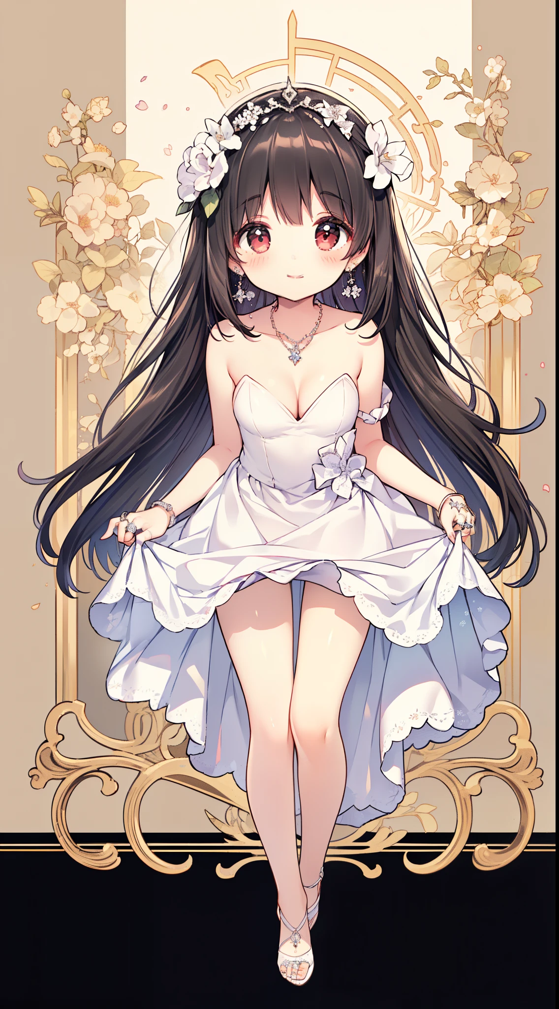 ((masterpiece quality)), (1 girl), Nardack lora, honeymoon in paris, (gentle housewife, girl, full body, depth of view, petite and short figure girl, cute and little girl, perfect woman, medium cleavage, mature aura:1.5), (masterpiece, best quality, HD Pictures, 4K:1.1), outdoor, very long hair, bangs, gentle look, gentle smile, gentle eyes, mature looking, pinkish cheeks, very detailed eyes, very detailed pupils, very detailed ridiculously long black hair, detailed face, detailed ruby red eyes, full body, look up to viewer, detailed long black hair, (honeymoon in eifel tower, happy gentle face, warm smile, wearing beautiful and elegant ball gown engagement ring on the left hand ring finger, beautiful elegant necklace on the collarbone, simple but elegant earings, floral head accessories, blushing red cheeks:1.3), (gentle smile and gentle look towards viewer, both arms opened, arms reaching for viewer:1.4)