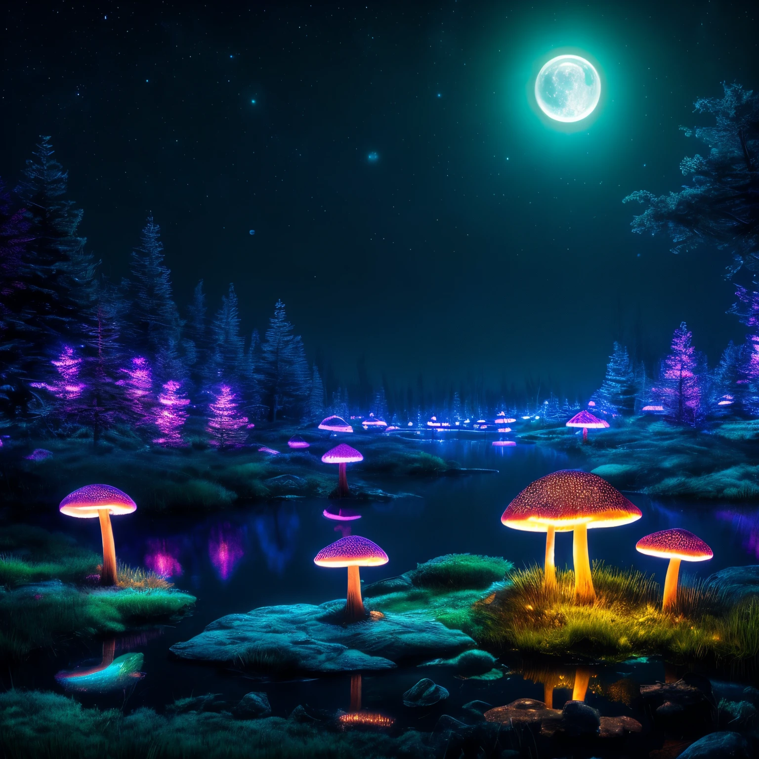 super high quality, 8k, RAW photo, realistic, detailed and delicate depiction and flashy and dynamic painting method, on a freezing cold night, bioluminescent mushrooms create a variety of colors that reflect on the surface of the lake, background starry sky, moon, dark forest