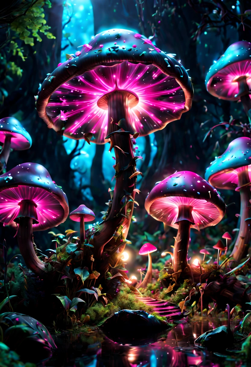 pink theme, sweet, Bioluminescent Mushroom, night, nature art, ultra-wide-angle, octane render, enhance, intricate, (best quality, masterpiece, Representative work, official art, Professional, unity 8k wallpaper:1.3)