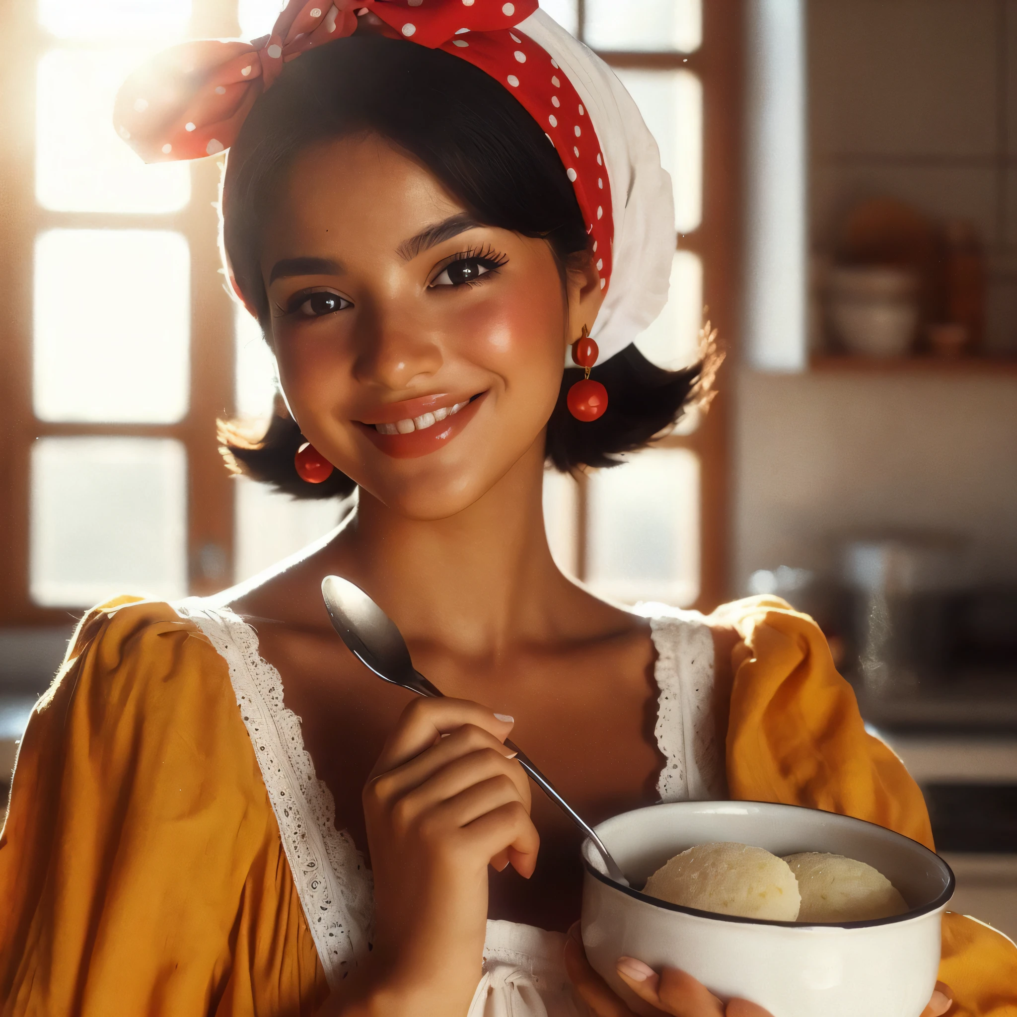 Una bella venezolana inspirada en el logo de Harina PAN, Retrato ultrarrealista, negro, Cabello liso y corto, white scarf with a red polka dot bow on the head, ella tiene aretes rojos, con un vestido amarillo, sosteniendo una cuchara y un plato de arepas, warm smile, piel de oliva bronceada dorada, de pie en una cocina con la luz del sol entrando por la ventana, fotografiado a un 3/4 angles looking towards the camera under warm side lighting for drama, Latin features, Film grain