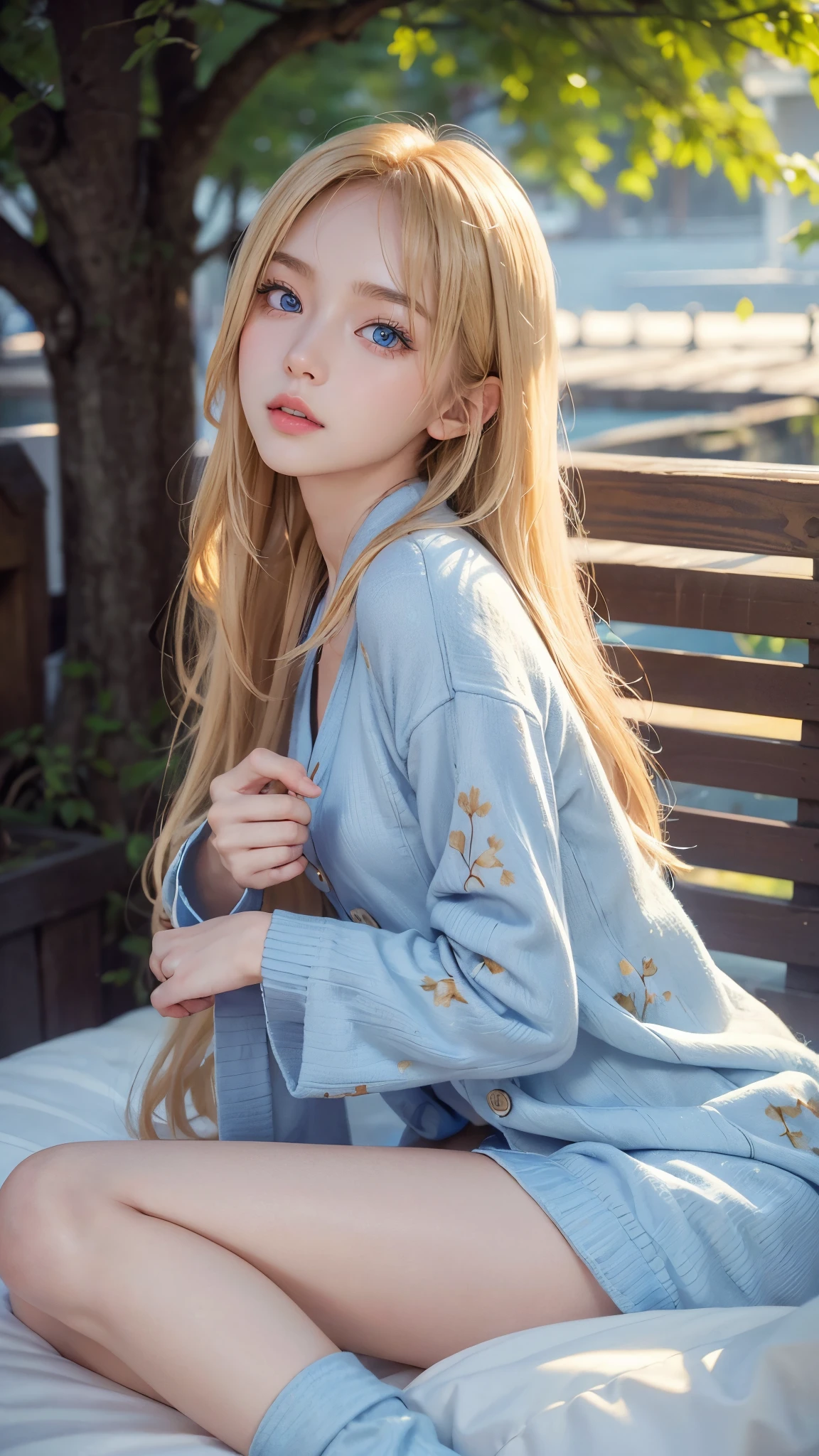 About 20 years old、Japan women、Beautiful woman、Blonde straight long hair、Beautiful hair、A detailed face、Detailed eyes、A detailed face、Detailed skin、realskin、((pajamas、Canadian pattern long cardigan))、autumn hospital、Hospital garden、Large ginkgo tree、((Light blue eyes))、slenderbody、